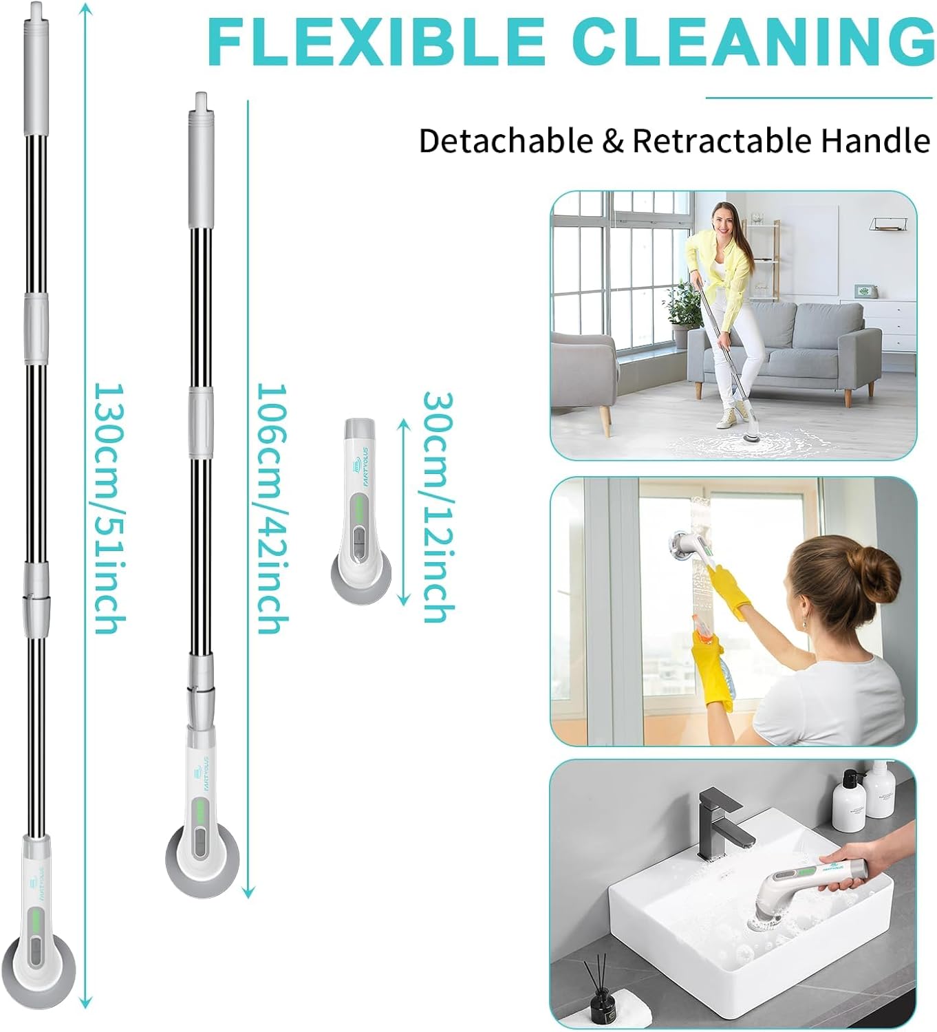 Electric Spin Scrubber, FARTVOLUS Cordless Cleaning Brush with 8 Replaceable Brush Heads, Bathroom and Floor Tile 360 Power Scrubber Dual Speed with Extension Handle for Bathtub, Kitchen, Window - Image 3