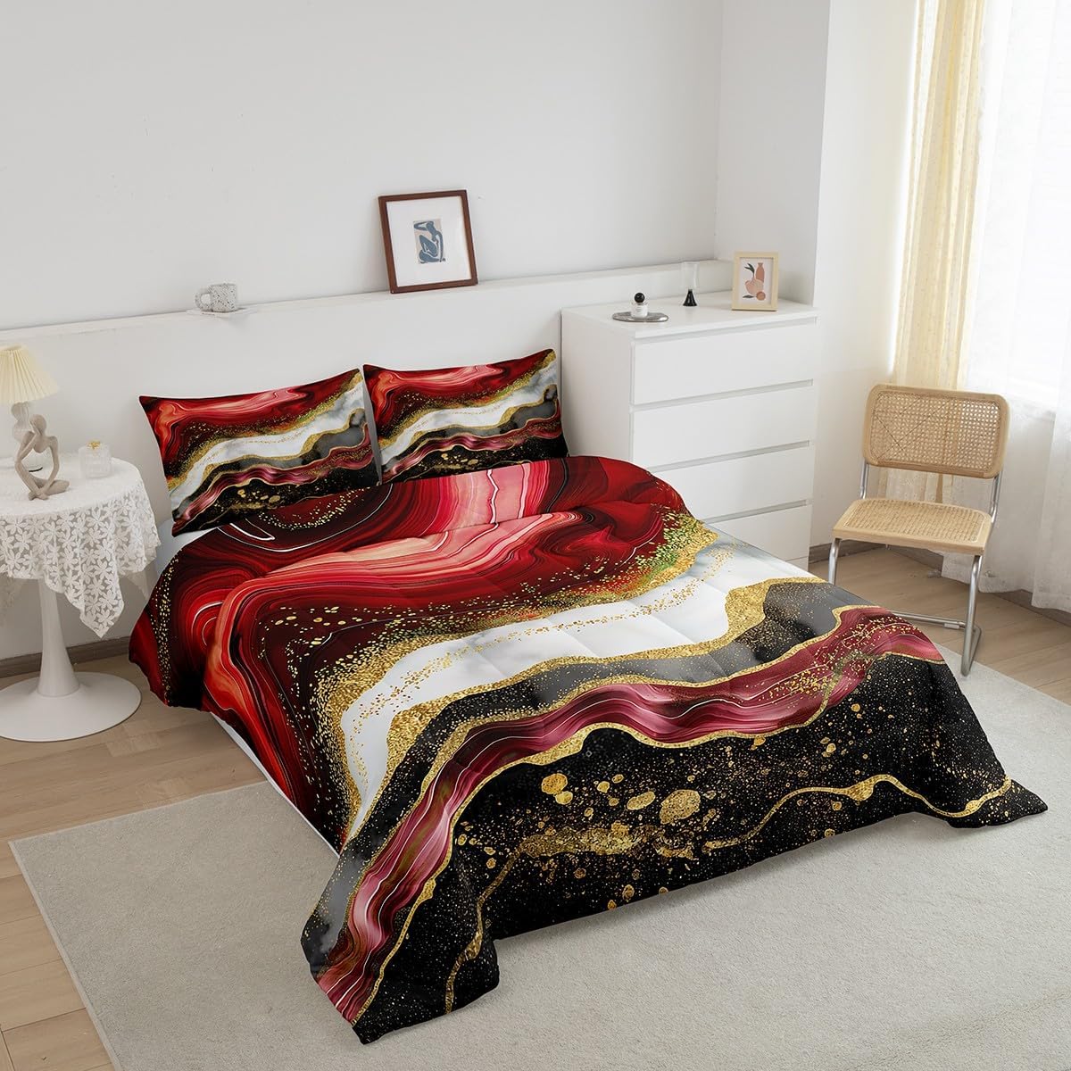 Erosebridal Black and Red Marbling Bedding Set Twin Watercolor Stripe Comforter Set, Abstract Marble Duvet Insert Foil Print Quilt Set, Aesthetic Gold Metallic Bedding Comforters & Sets Room Decor ? ? ? ? ? - Image 2