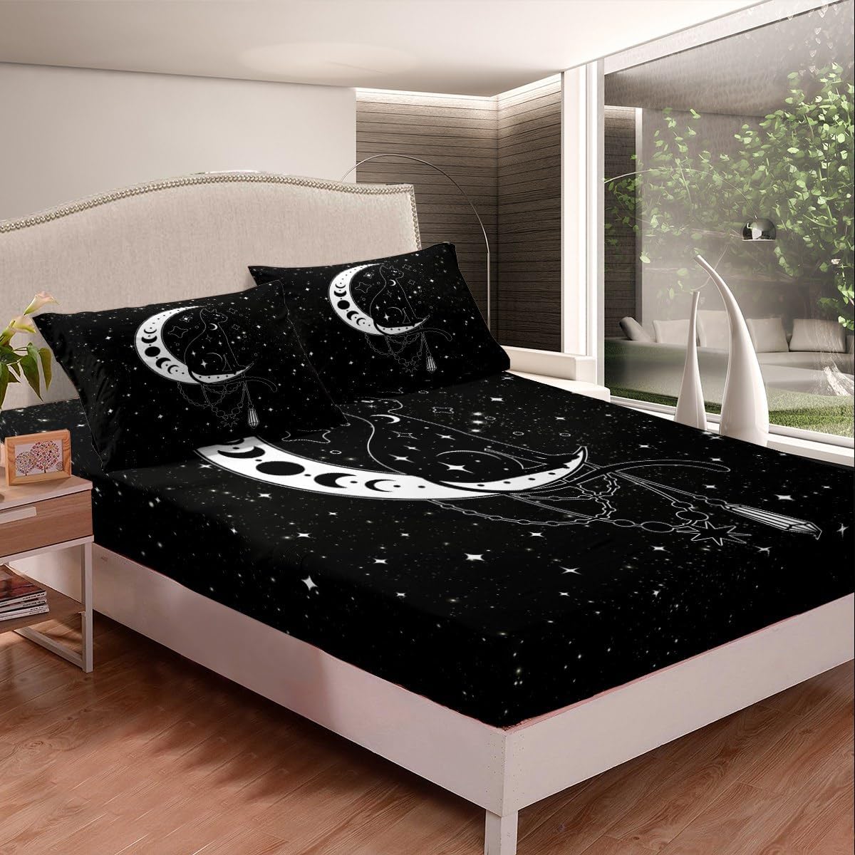 Galaxy Starry Sky Black Fitted Sheet Queen Size Bohemian Moon Star Bedding Sheet Set,Mysterious Cat Bed Cover Ultra Soft Breathable Bedding 3 Pcs - Image 2