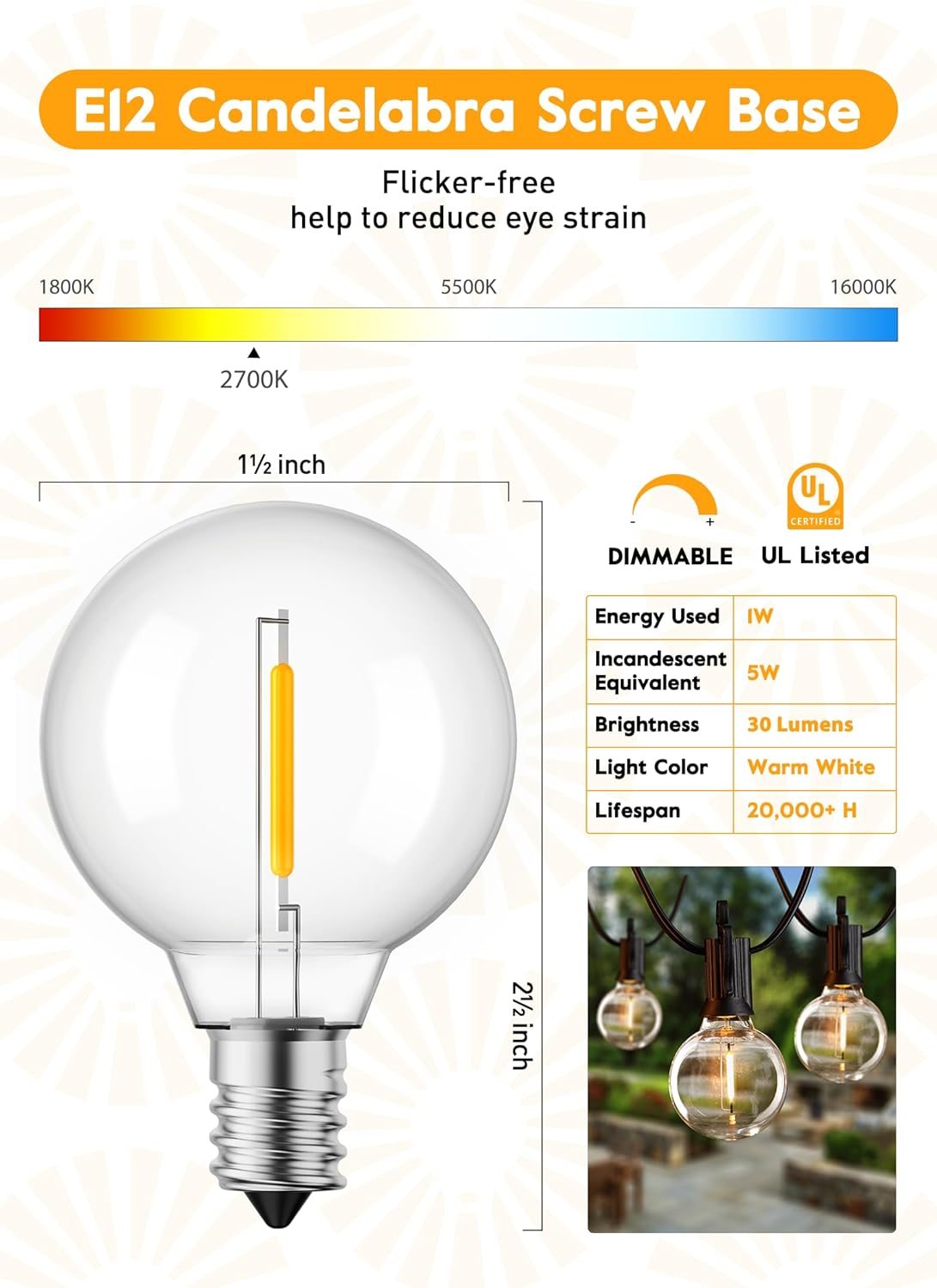 Brightown G40 Replacement LED Light Bulbs, 25 Pack Clear Globe Bulb fits E12 C7 Candelabra Screw Base Sockets, 1.5 Inch Dimmable Edison Light Bulbs for Indoor Outdoor Patio Decor, Warm White - Image 2
