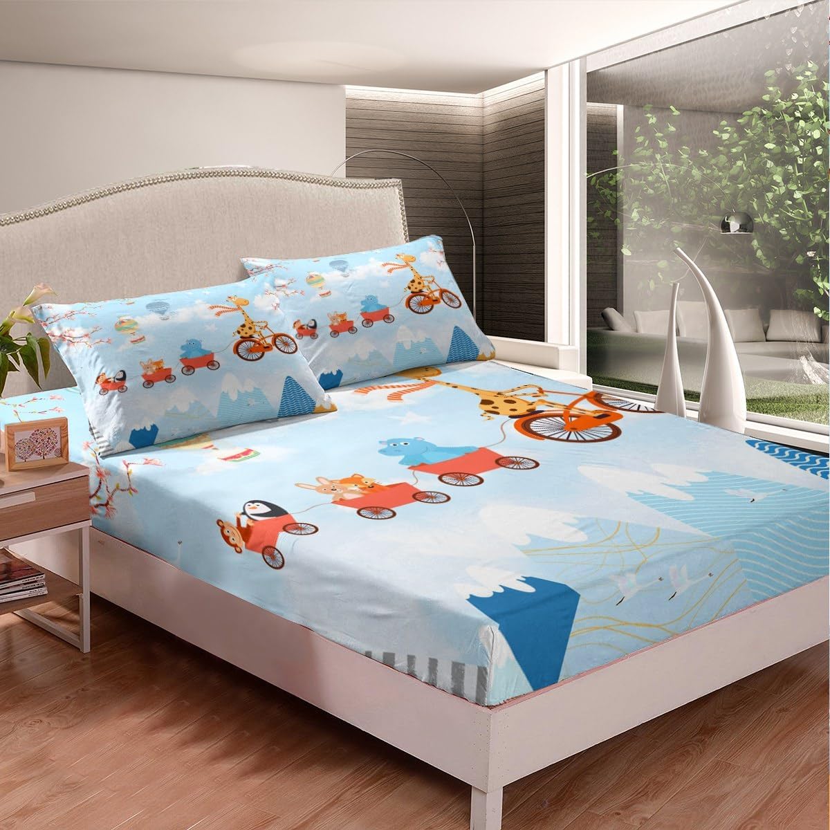 Hot Air Balloon Sun Cloud Bed Sheet Set Sky Scenery Blue Fitted Sheet for Ultra Soft Cartoon Animal Car Bedding Cover Set Room Decor Queen (No Flat Sheet) - Image 2