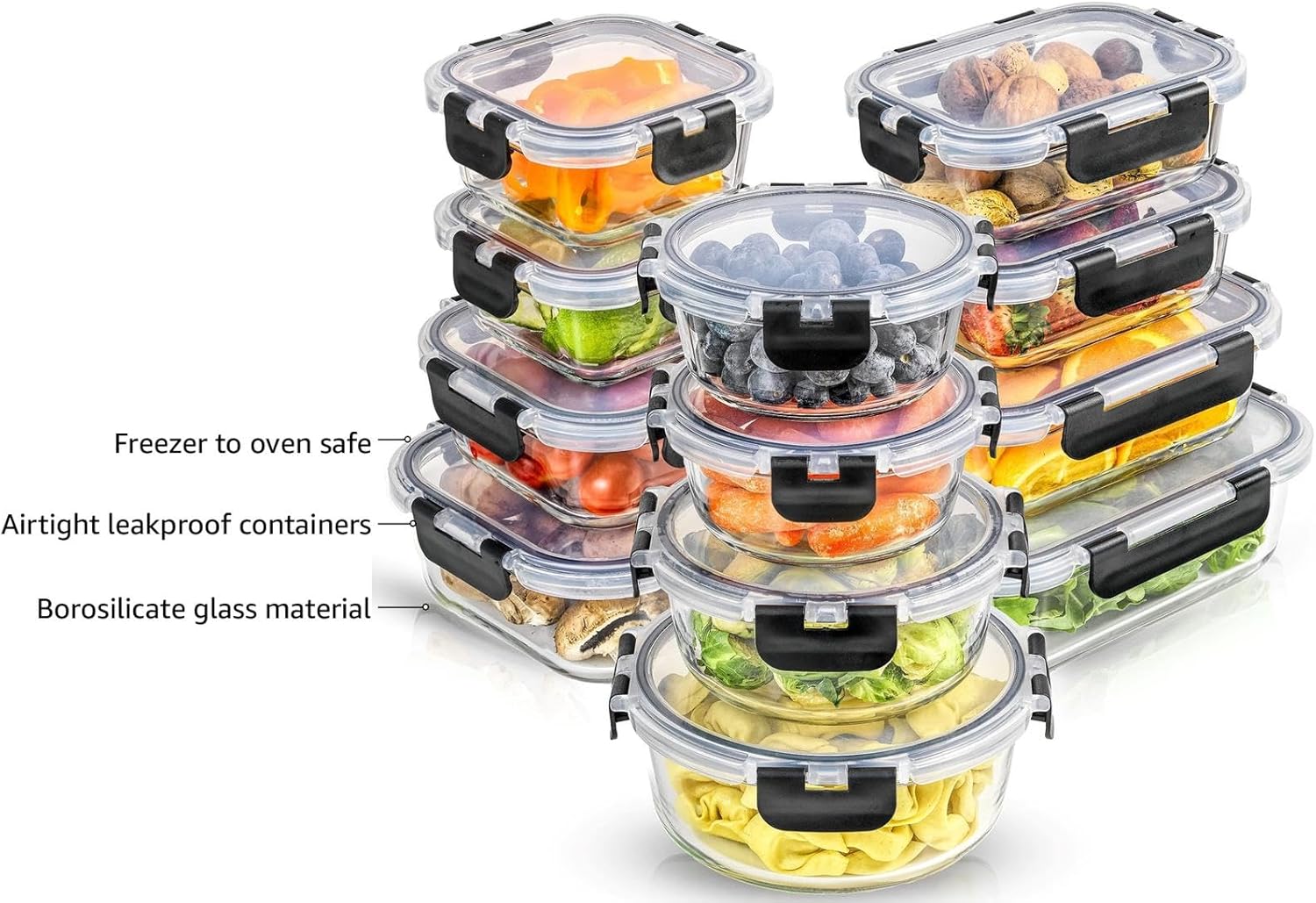 JoyJolt JoyFul 24pc(12 Airtight, Freezer Safe Food Storage Containers and 12 Lids), Pantry Kitchen Storage Containers, Glass Meal Prep Container for Lunch, Glass Storage Containers with Lids - Image 4