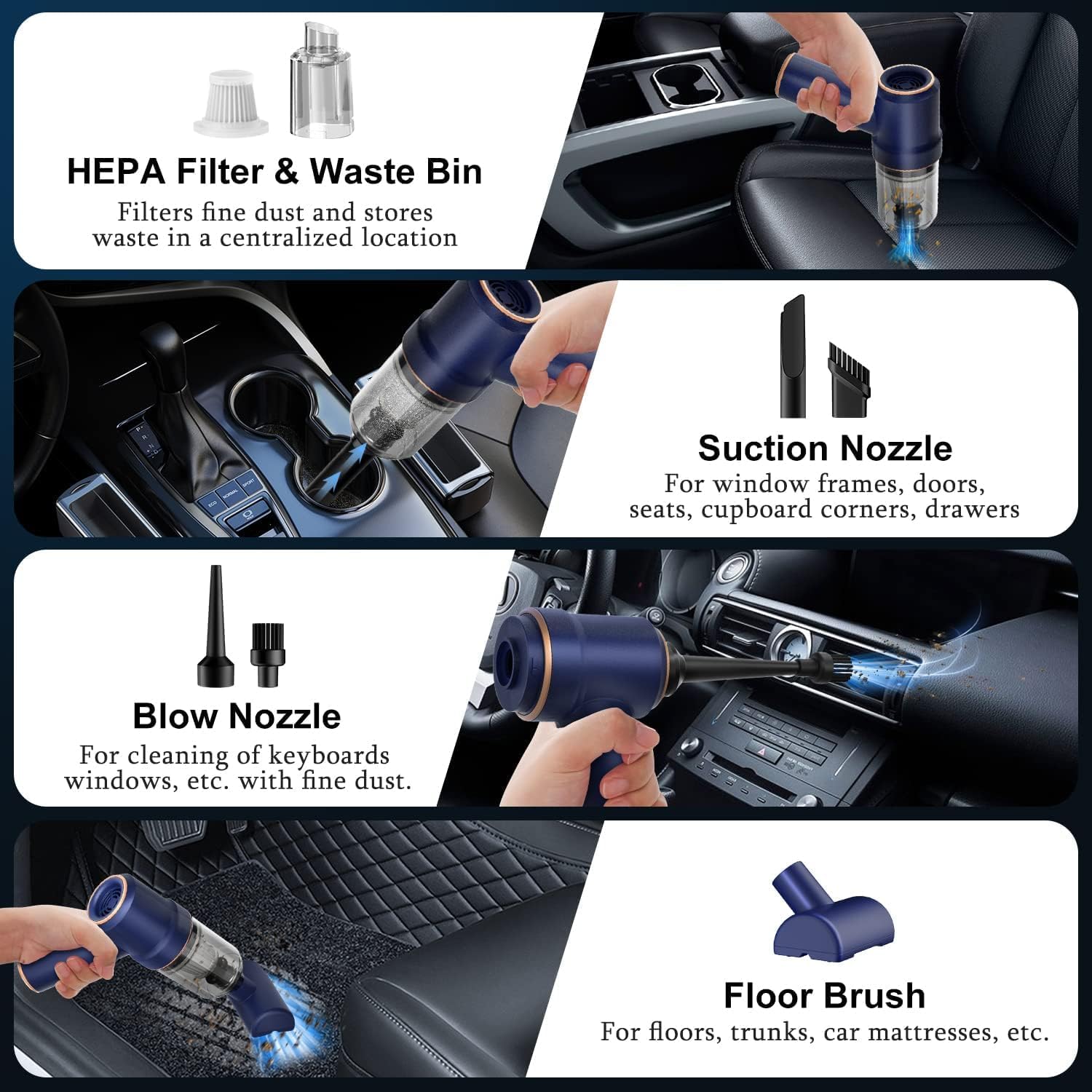 KMM Handheld Car Vacuum Cleaner, 9000Pa Vacuum Cleaner and Air Duster, 120W High Power Wet and Dry Handheld Car Vacuum Cleaner with LED Light and Multi-Nozzles for Car, Home, Office, Pet - Image 6