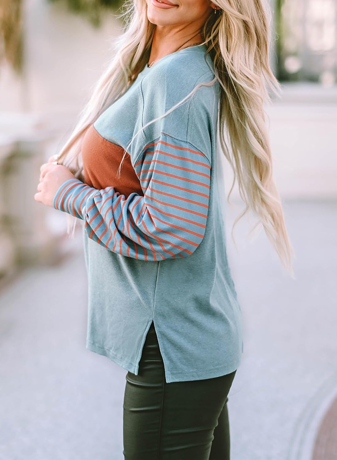 Dokotoo Long Sleeve Spring Tops Oversized 2025 Trendy Round Crew Neck Casual Color Block Womens Shirts Blouses ? - Image 5
