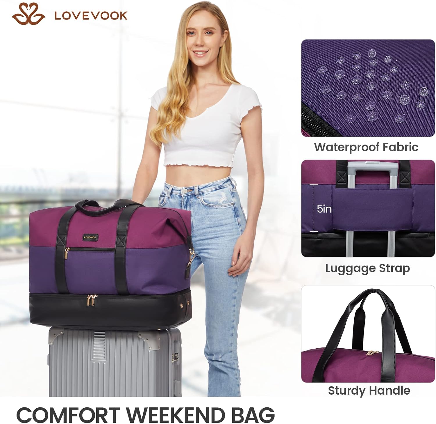 LOVEVOOK Weekender Bag, Large Travel Duffel Bag for Women with 2 Packing Cubes, Carry on Overnight Bag with Shoe Compartment, Mom Hospital Bags for Labor and Delivery ? ? ? ? ? - Image 6