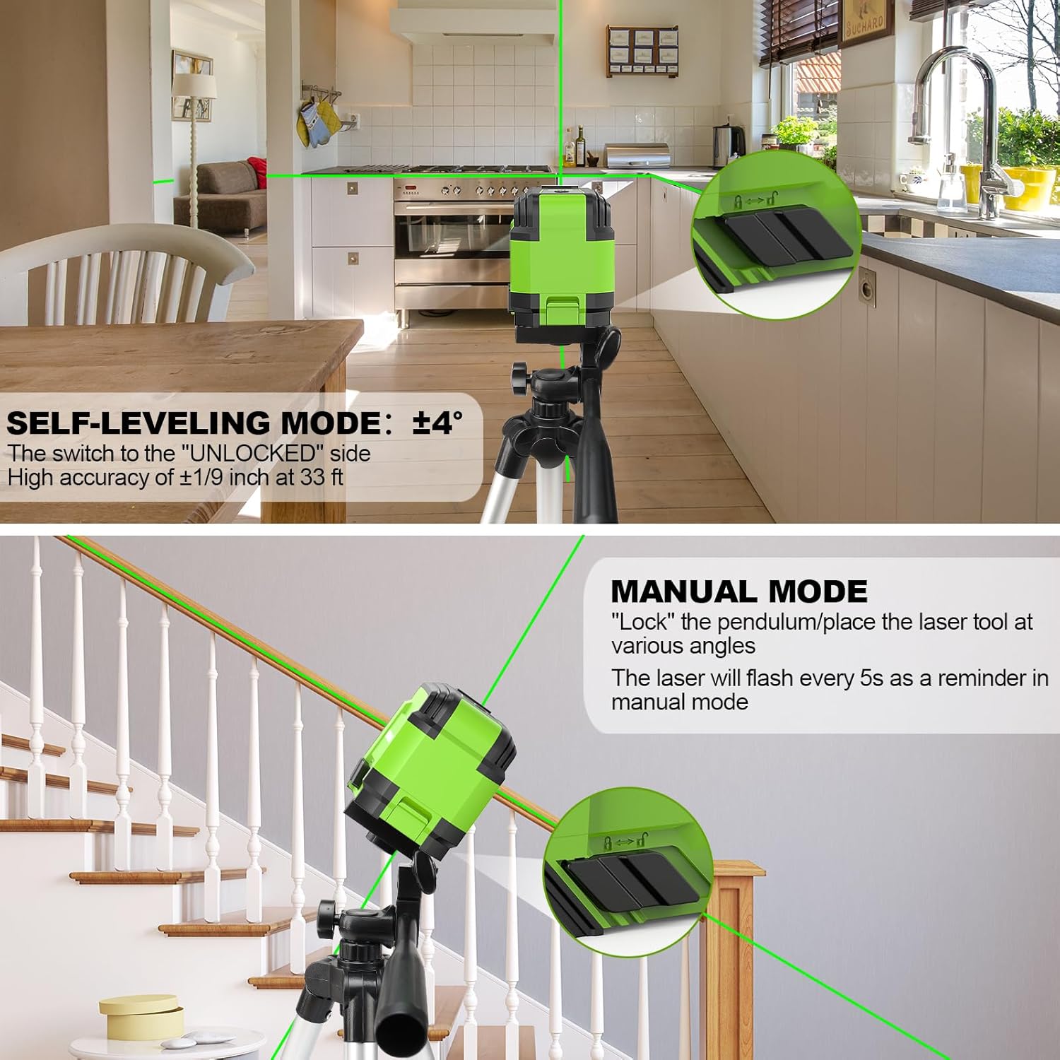 Laser Level with Tripod, HUEPAR 98Ft Self Leveling Laser Level Green Line Laser Cross Line Laser Leveler Tool for Picture Hanging, Tile, Home Renovation, Indoor Project, Battery&Carrying Bag Included ? ? ? ? ? - Image 2