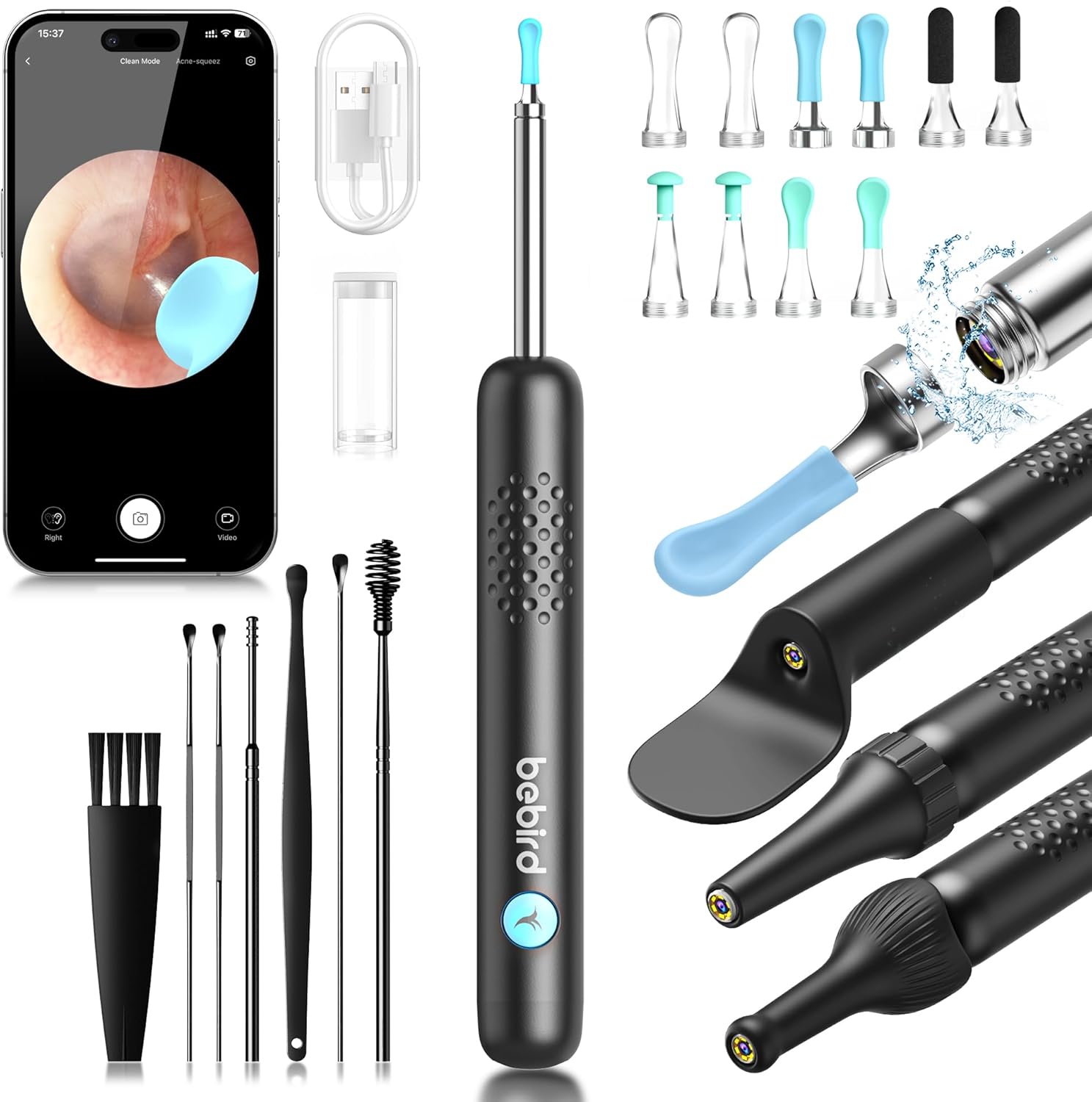 BEBIRD R1 Wax Removal Tool for Ear - Spade Ear Canal Cleaner with Camera 1080P Earscope, Wax Remove Ear Picker with Vari Replacement Tips, Camera with 6LED Light for Ear/Nose/Throat Examination, Black ? ? ? ? ?