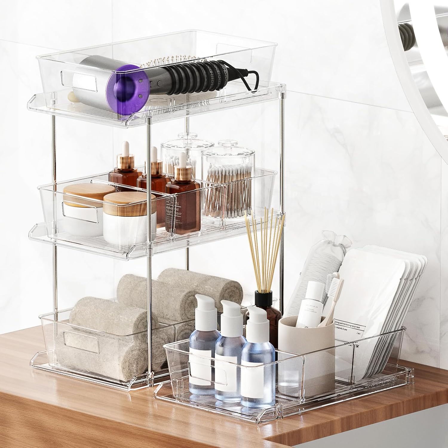 Pull-out Home Organizer, 2 Pack 2 Tier Clear Bathroom Organizer with Dividers, Multipurpose Vanity Counter Tray, Kitchen, Closet Organizers, Cabinet & Storage Container Bins - Image 5