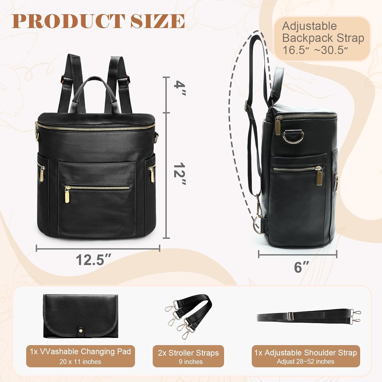 miss fong Diaper Bag Backpack Baby Diaper Bag, Large Leather Diaper Backpack with 16 Pockets Travel Diaper Bag with Diaper Changing Pad, Stroller Straps & 2 Insulated Pockets(Convertible, Black) ? ? ? ? ? - Image 5