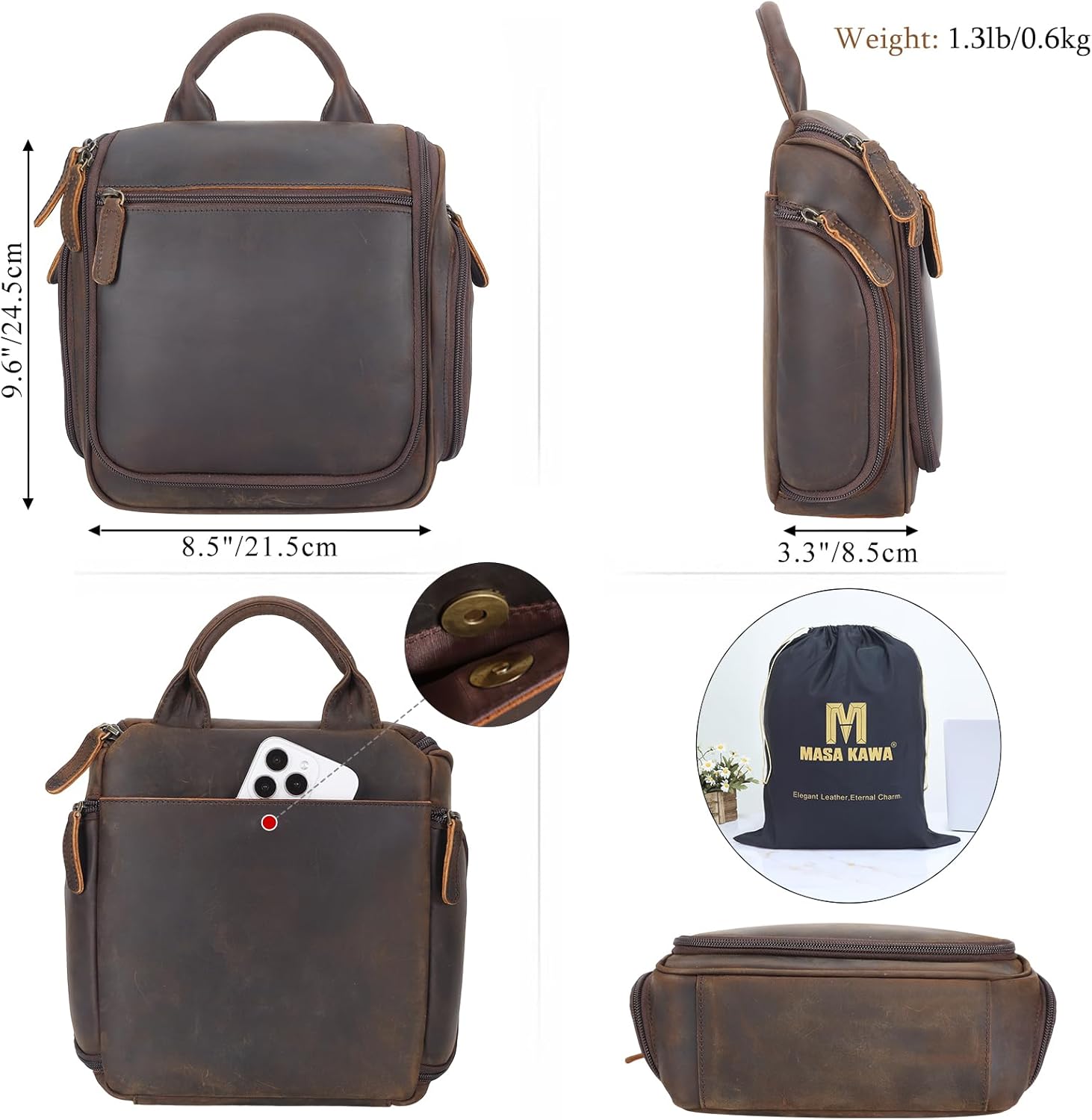 Masa Kawa Leather Hanging Travel Toiletry Bag for Men Portable Expandable Camping Cosmetics Makeup Toiletries Organizer Vintage Bathroom Shaving Kit Brown Wash Bags ? ? ? ? ? - Image 3