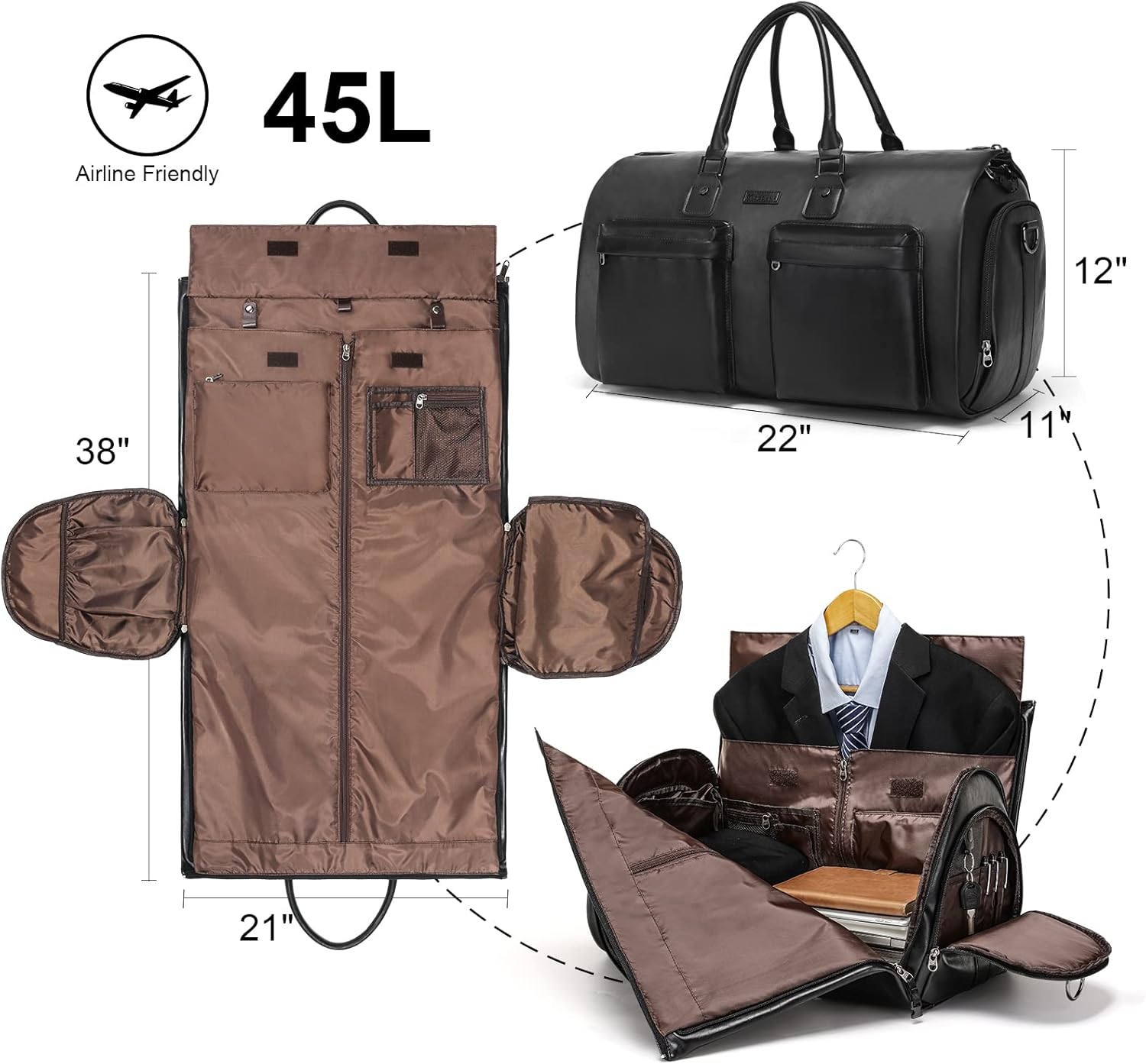 Leather Garment Bag for Travel, Modoker Carry On Suit Carrier Travel Bag with Shoulder Strap/Multiple Pockets - Ideal for Business Trips & Weekend Getaways - The Garment Duffel Bag for Traveling Men ? ? ? ? ? - Image 2