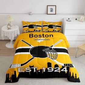 Erosebridal Twin Bed Sports Comforter,Boys Ice Hockey Bedding Set for Kids Teens Adult,Yellow Black Winter Sports Comforter Sets,Hockey Player Duvet Insert with 1 Pillowcase(Boston)                 
