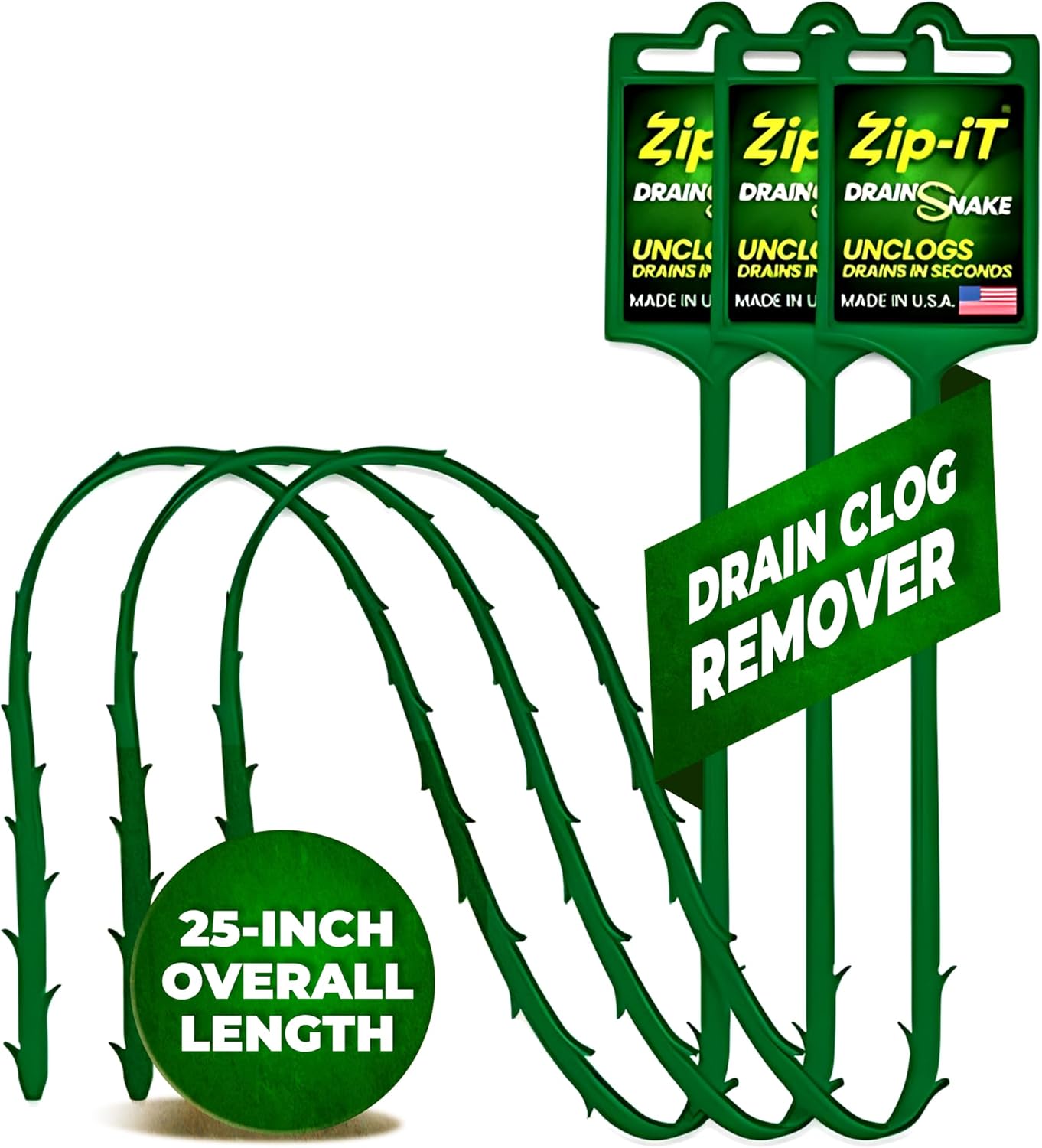 The original Zip-It Hair Clog Remover 25-inch Overall Length Drain Snake Cleaner (3-Pack), Unclog Your Sink, Shower, & Tub Drain In Seconds ? Non-toxic, Made in the USA ? ? ? ? ?