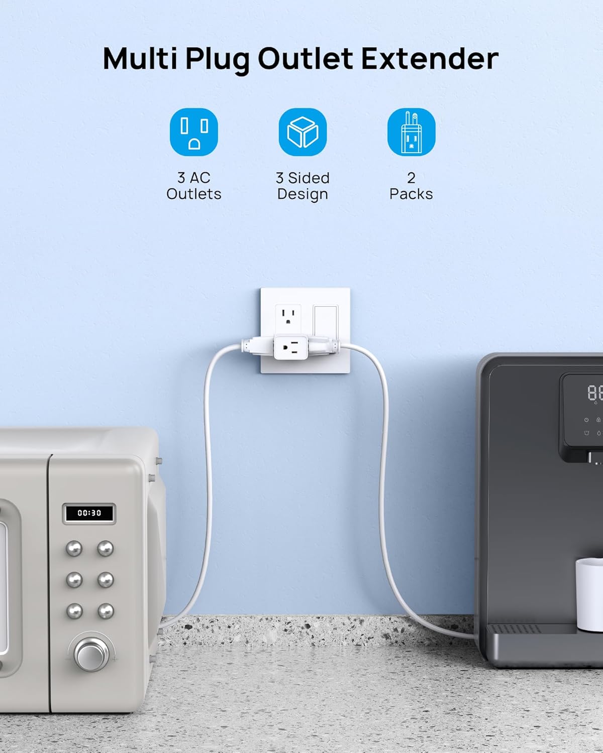 TROND Multi Plug Wall Outlet Extender - 3 Pack Multiple Plug Extension Outlet Splitter Adapter, Horizontal 3 Way Grounded Socket, for Home Office Dorm Room Cruise Ship Travel Essentials, White ? ? ? ? ? - Image 2