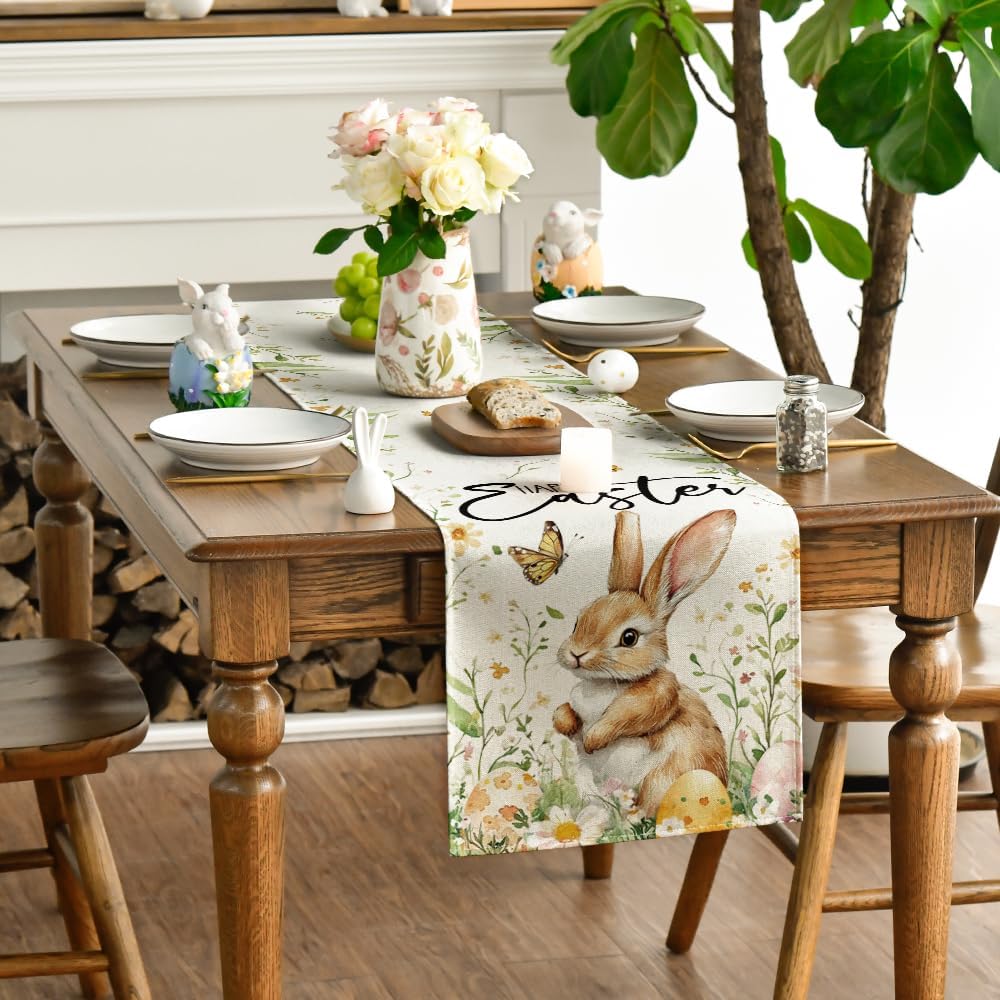 Artoid Mode Bunny Rabbit Butterfly Eggs Flowers Easter Table Runner, Seasonal Spring Kitchen Dining Table Decoration for Home Party Decor 13x72 Inch - Image 3
