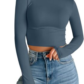 Trendy Queen Womens Long Sleeve Crop Tops Basic Slim Fitted Shirts Casual Fashion 2025 Going Out Y2k Tops Teen Girl Clothes                 