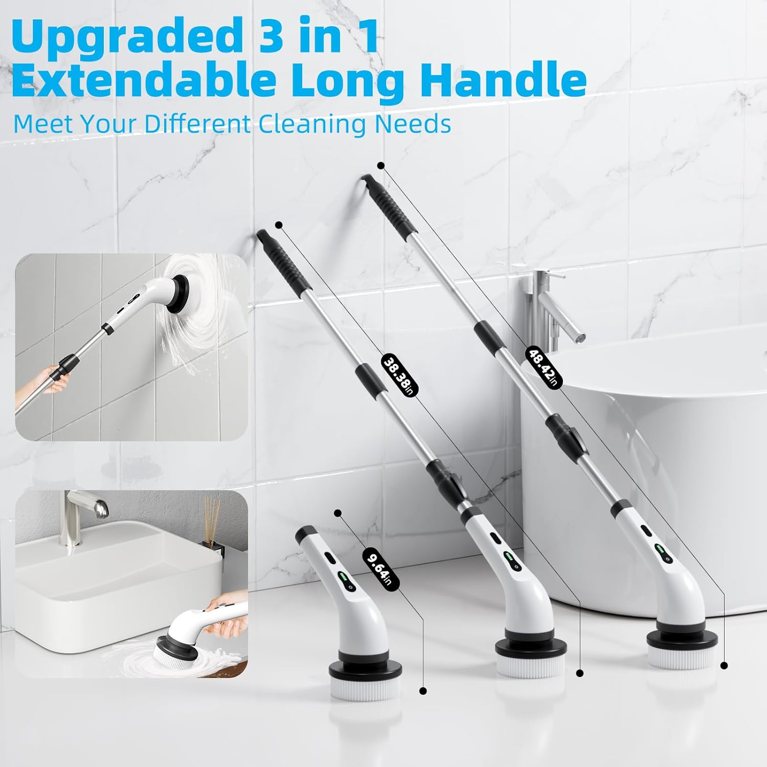 Electric Spin Scrubber Cordless, Electric Scrubber for Cleaning Bathroom with Long Handle, Electric Shower Scrubber, Power Cleaning Brush with 9 Brush Heads for Bathtub Tile Floor Car - Image 5