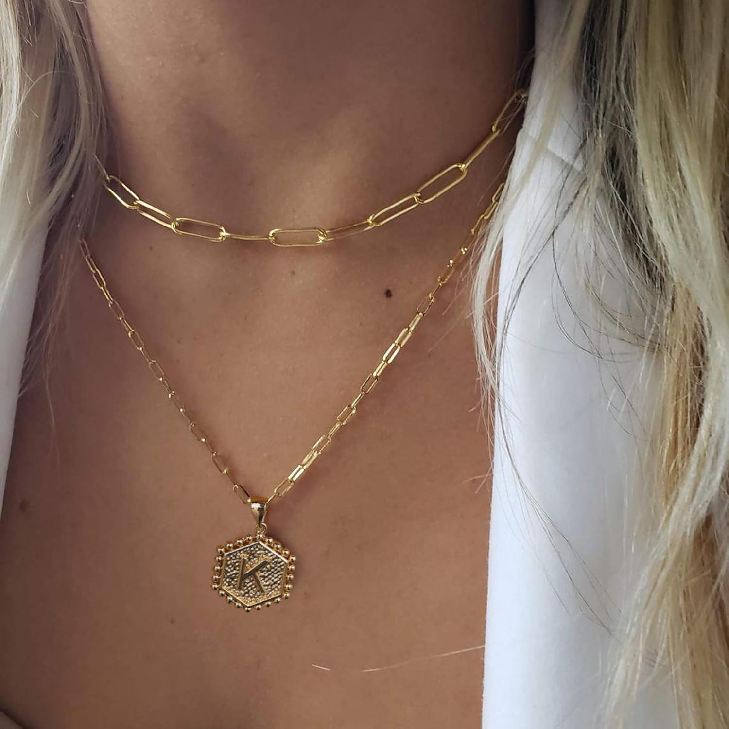 M MOOHAM Dainty Gold Necklace for Women - 14K Solid Gold Over Layering Necklaces for Women Cute Hexagon Letter Initial Necklaces for Women Gold Layered Necklaces for Women Jewelry Gifts ? ? ? ? ? - Image 4