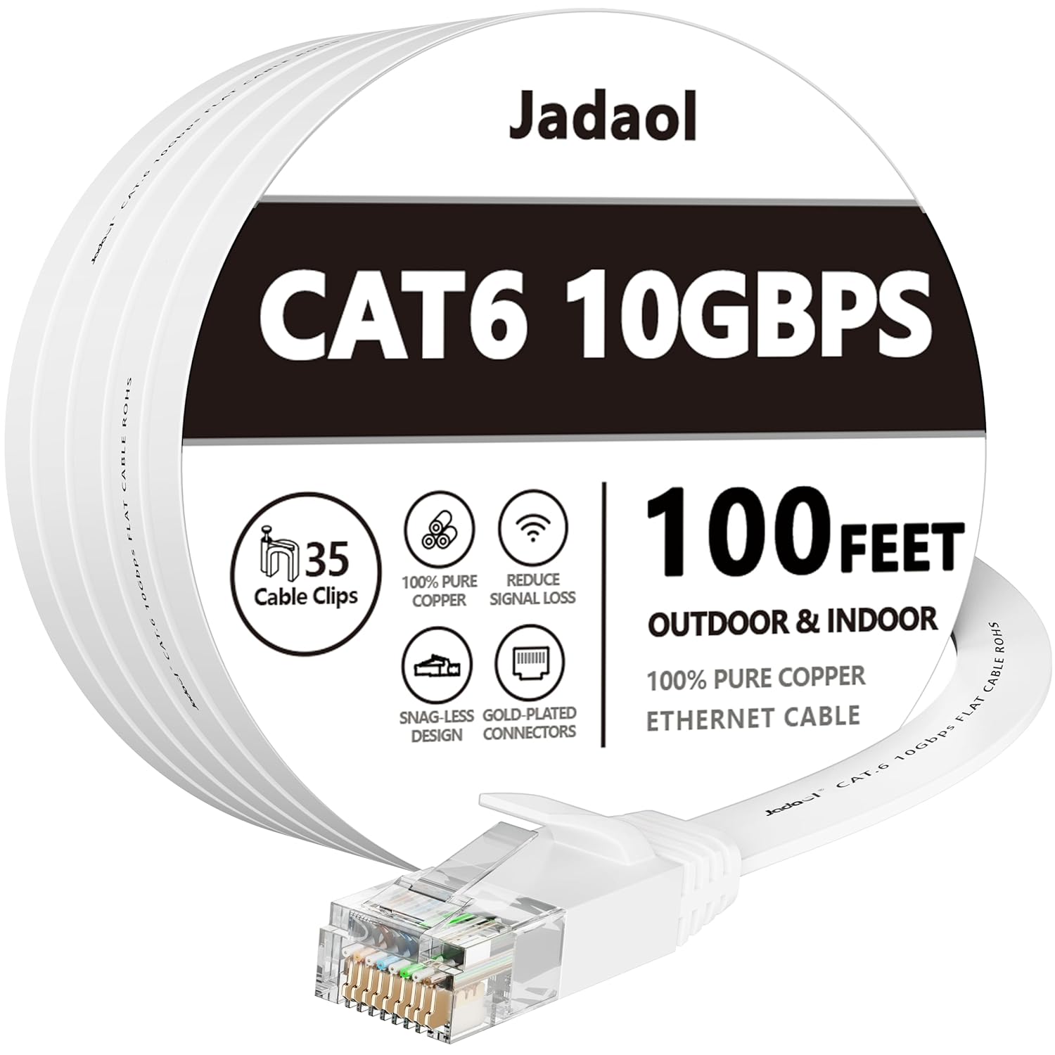 Cat 6 Ethernet Cable 100 ft, Outdoor&Indoor, 10Gbps Support Cat8 Cat7 Network, long Flat Internet LAN Patch Cord, Cat6 Solid Fast Speed weatherproof Cable for Router, Modem, PS4/5, Xbox, Gaming, White ? ? ? ? ?