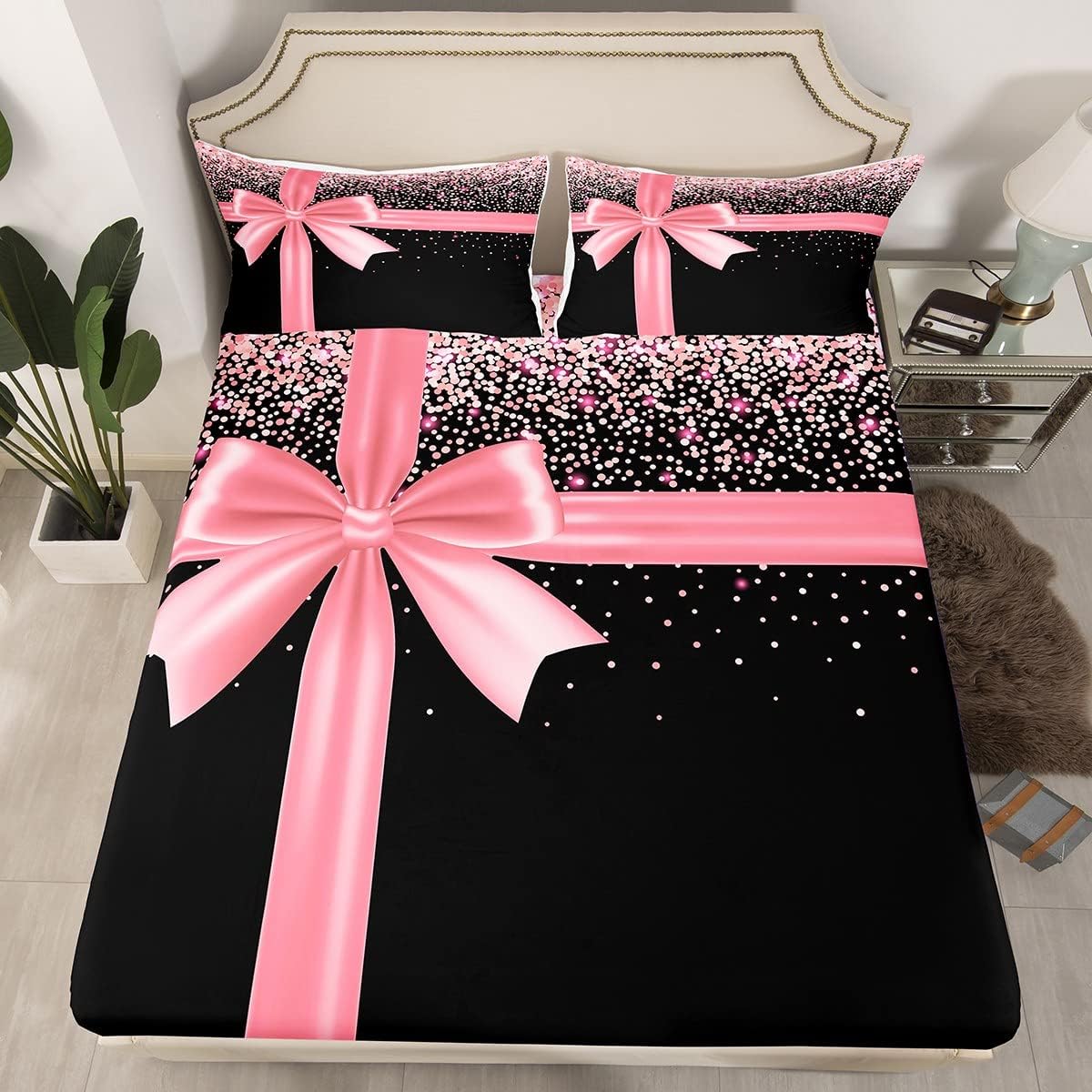 Pink Bowknot Bed Sheet Queen Set Pink Glitter Diamond Sheets Sets Adults Bedroom Decor Bling Party Microfiber Bedding Set with Flat,Fitted Sheet,2 Pillow Cases - Image 3