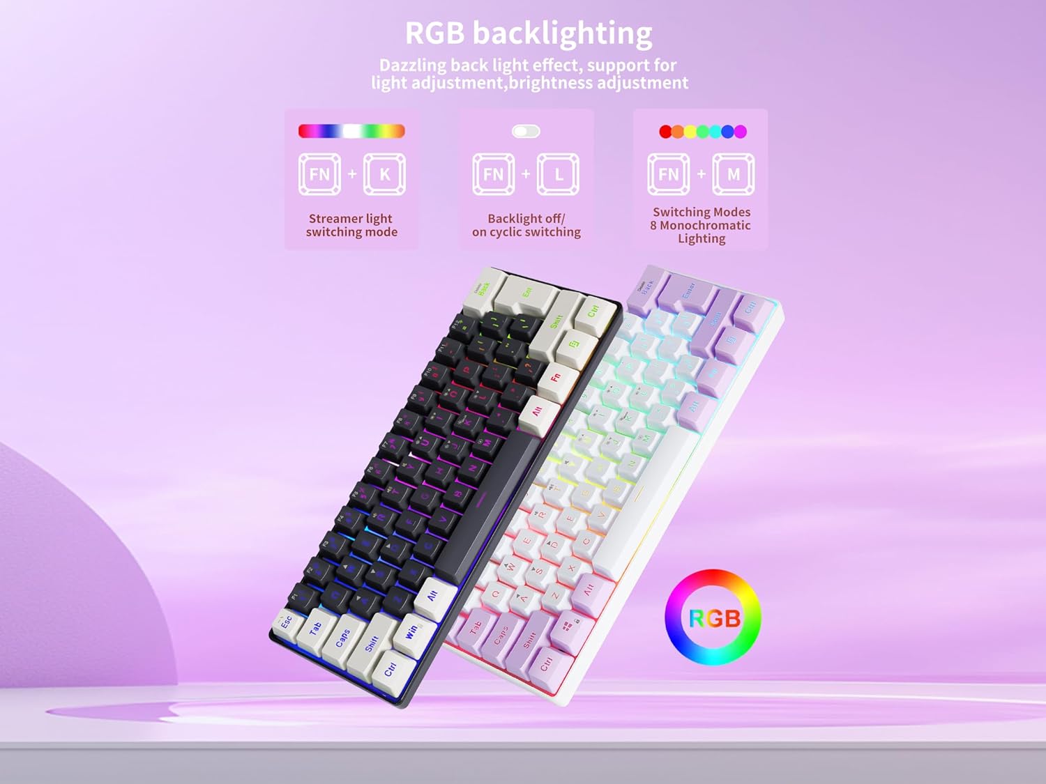 SAMA Gaming Keyboard 60 Percent, 61 Keys RGB Backlit Wired Keyboard, Waterproof Mini Compact Gaming Keyboard for PC/Mac Gamer, Travel, Easy to Carry on Business Trip - White Purple - Image 4