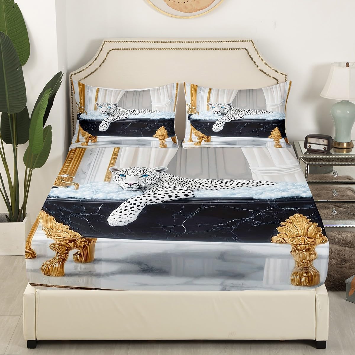 Snow Leopard Bed Sheet Set 3 Pieces,Natural Wild Animal Cheetah White Leopard Fur Print Bedding Set(No Flat Sheet),European Style Bathtub Luxury Fitted Sheet,2 Pillow Cases,Full Size ? ? ? ? ? - Image 3