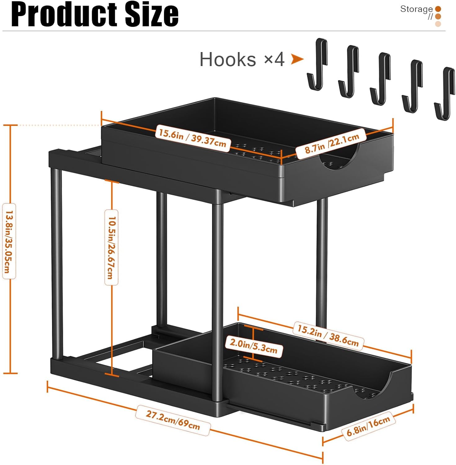 2 Pack Double Sliding Under Sink Organizers and Storage,Two Tier Bathroom Storage and organization,Under Cabinet Organizer with Hooks,Home Organization,Black ? ? ? ? ? - Image 3
