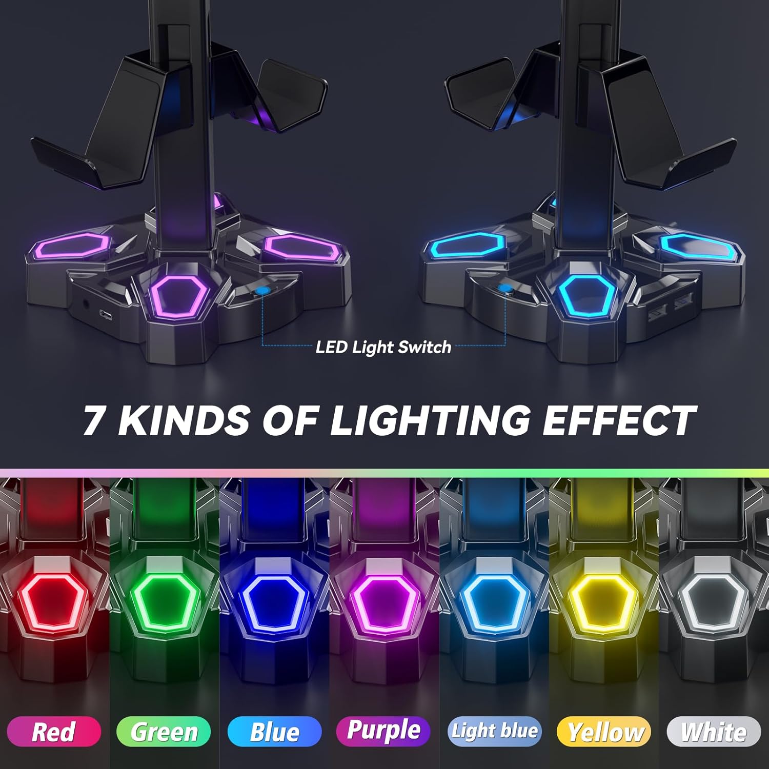 KDD Gaming Headphones Stand, Rotatable Headset Stand with Light Modes - Controller Holder with 2 USB Charging Ports and 3.5mm - Earphone Hanger Accessories for Desktop Gamer(Black) ? ? ? ? ? - Image 3