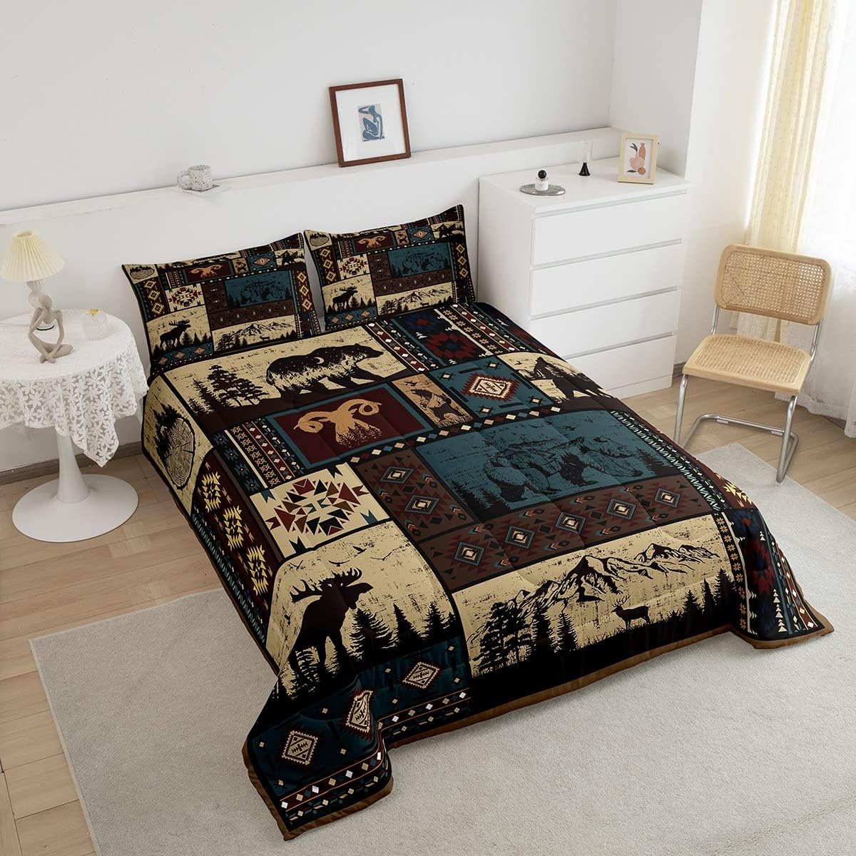 Erosebridal Aztec Comforter Sets Twin Rustic Southwestern American Native Bedding Set,Bear Deer Moose Quilt Retro Indian Style Hunting Animal Duvet Insert with 1 Pillowcase Microfiber - Image 3