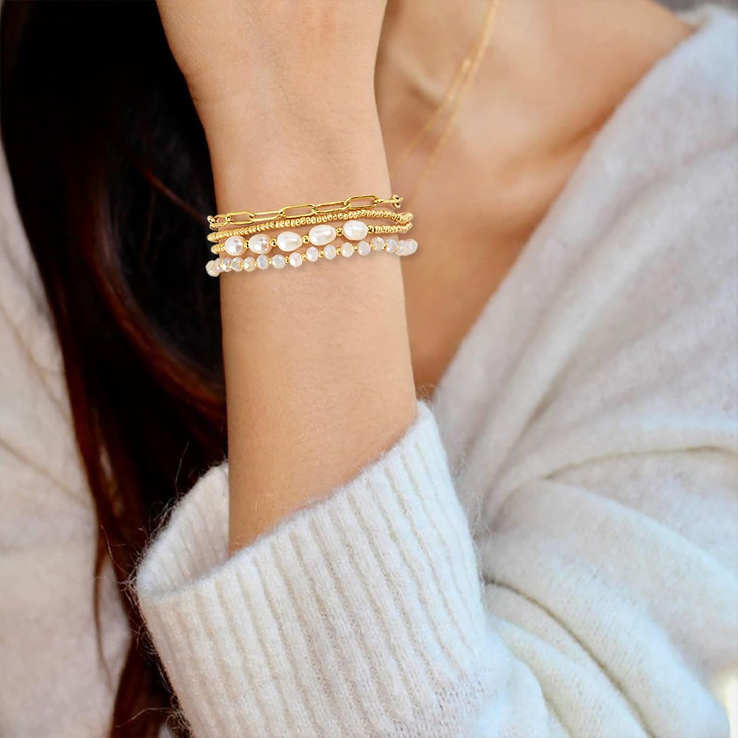 Dainty Gold Pearl Crystal Beaded Bracelets Set for Women 14K Real Gold Plated Bead Pearl Crystal Beads Bracelet Stackable Paperclip Link Chain Bracelets Gold Bracelets for Women Trendy Jewelry ? - Image 5