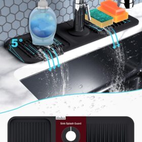 5?slope sink splash guard behind faucet -black silicone draining mat for kitchen sink -handle drip catcher tray with soap dispenser hole -organizer for sink accessories ?   ?  ?  ? ?