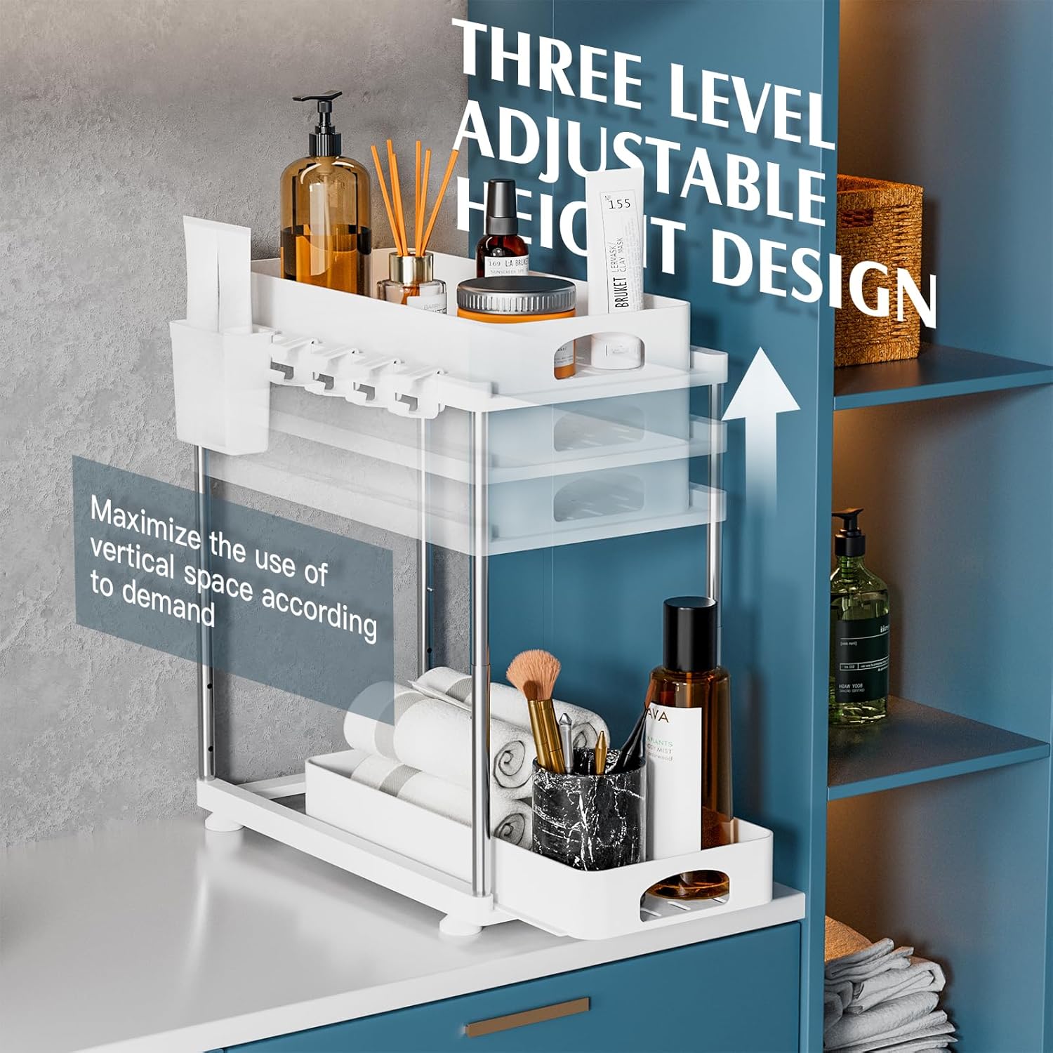 2 Pack Under Sink Organizers and Storage, Double Sliding Kitchen Cabinet Organizer, 2 Tier Height Adjustable Countertop Organizer for Kitchen Bathroom Laundry, White ? ? ? ? ? - Image 4
