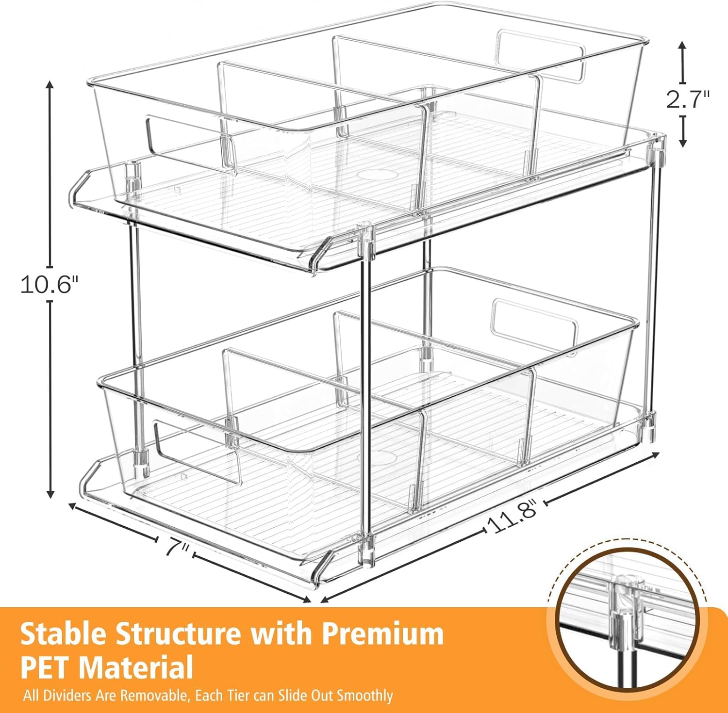 Pull-out Home Organizer, 2 Pack 2 Tier Clear Bathroom Organizer with Dividers, Multipurpose Vanity Counter Tray, Kitchen, Closet Organizers, Cabinet & Storage Container Bins - Image 2