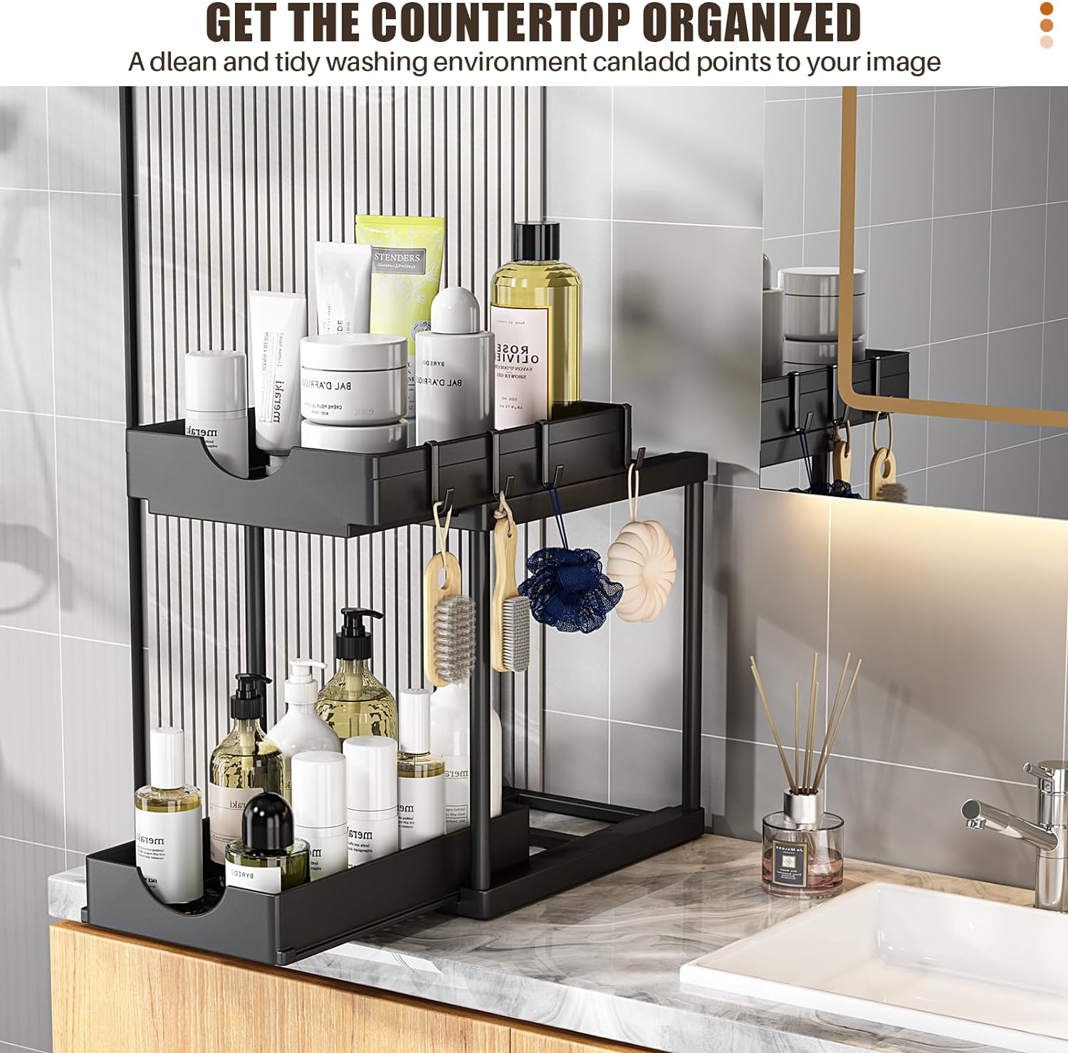 2 Pack Double Sliding Under Sink Organizers and Storage,Two Tier Bathroom Storage and organization,Under Cabinet Organizer with Hooks,Home Organization,Black ? ? ? ? ? - Image 2
