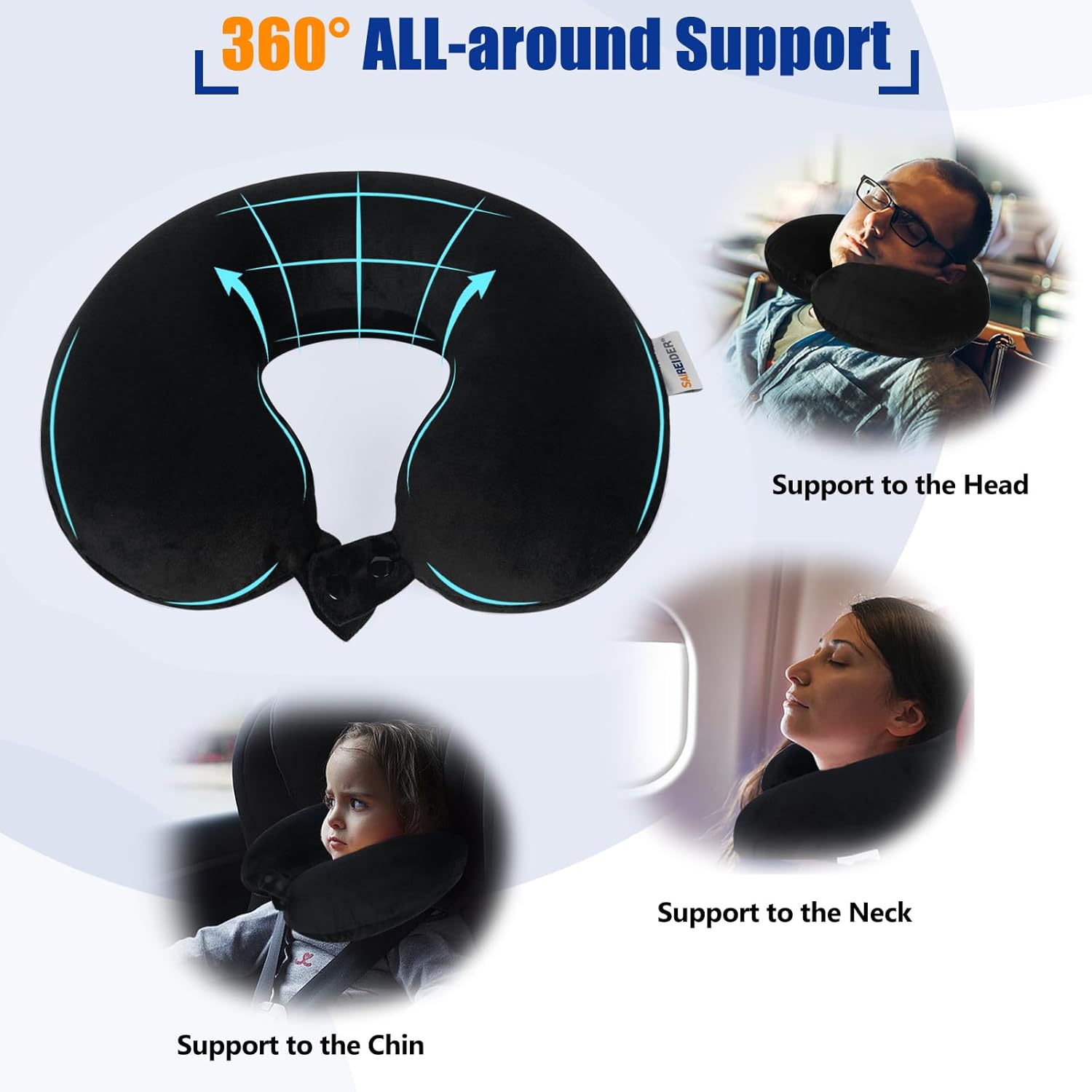 SAIREIDER Travel Pillow 100% Pure Memory Foam Travel Neck Pillow, Airplane Pillow for Traveling?Car?Home?Office?Washable Cover?Black? ? ? ? ? ? - Image 3