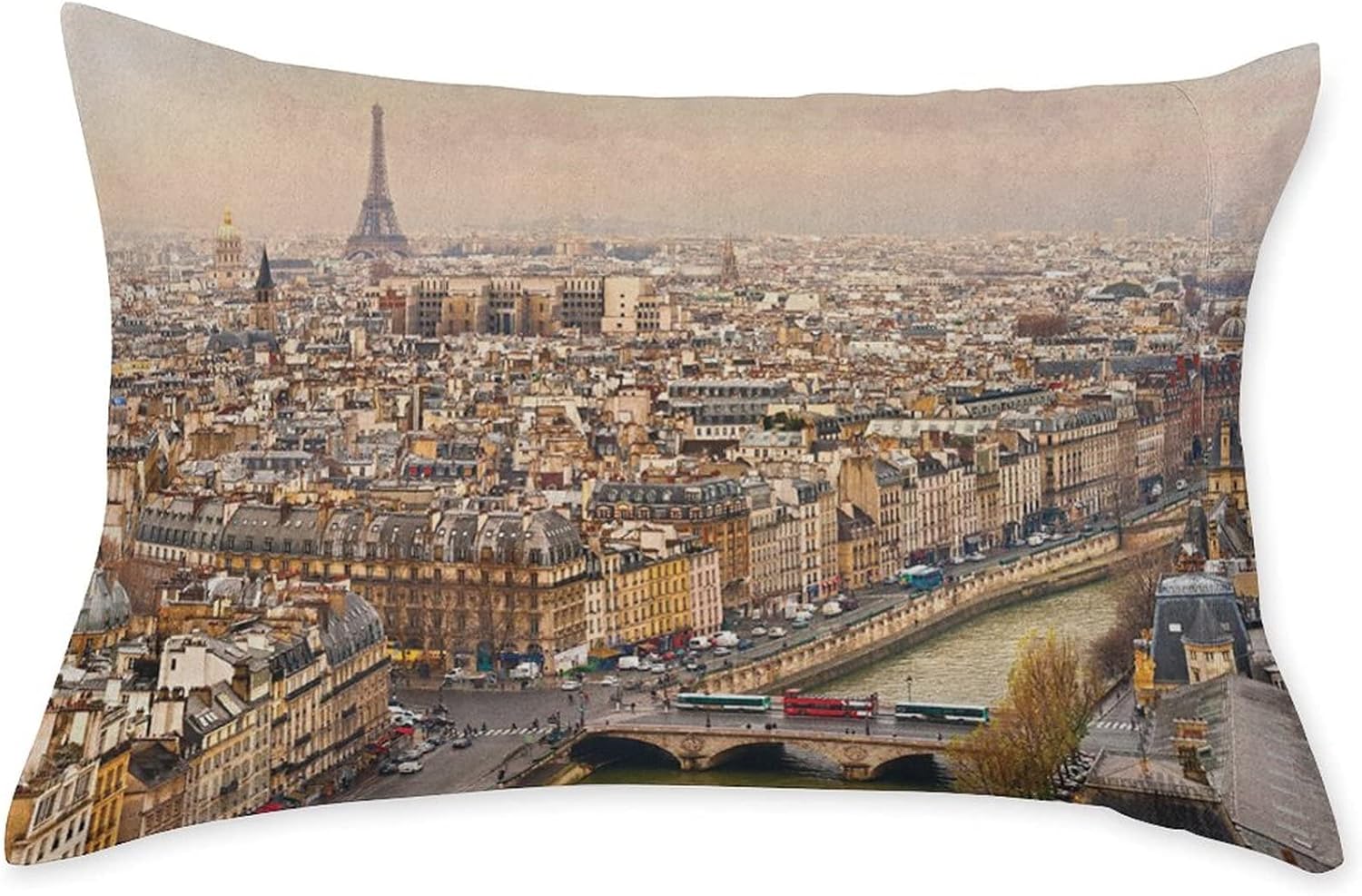 Decorative Bedding Sheet Set Twin XL Size, Eiffel Tower Deep Pockets Fitted Sheet & 2 Pillow Sham Set, Paris Streets Busy Day Buildings Bridge River City Print Microfiber 3pc Bed Sheets Set - Image 3