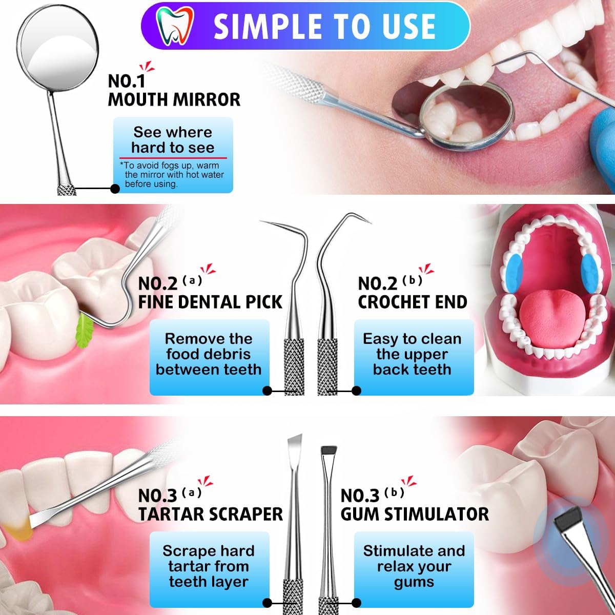 G.CATACC Dental Tools, Dental Pick Teeth Cleaning Tools Hygiene Kit, Plaque Remover for Teeth, Professional Stainless Steel Tooth Scraper Plaque Tartar Cleaner - with Case - Image 5