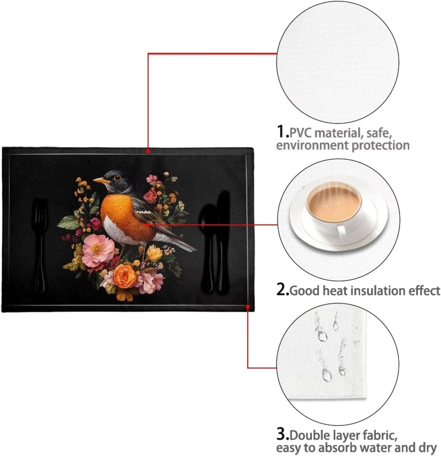4 PCS Dining Table Mats Sturdy Non Slip Placemats for Kitchen Cafe Restaurant Heat Resistant Soft Countertop Accessory Decor, 11.8 x 17.7 Inch, American Robin Floral Black ? ? ? ? ? - Image 6
