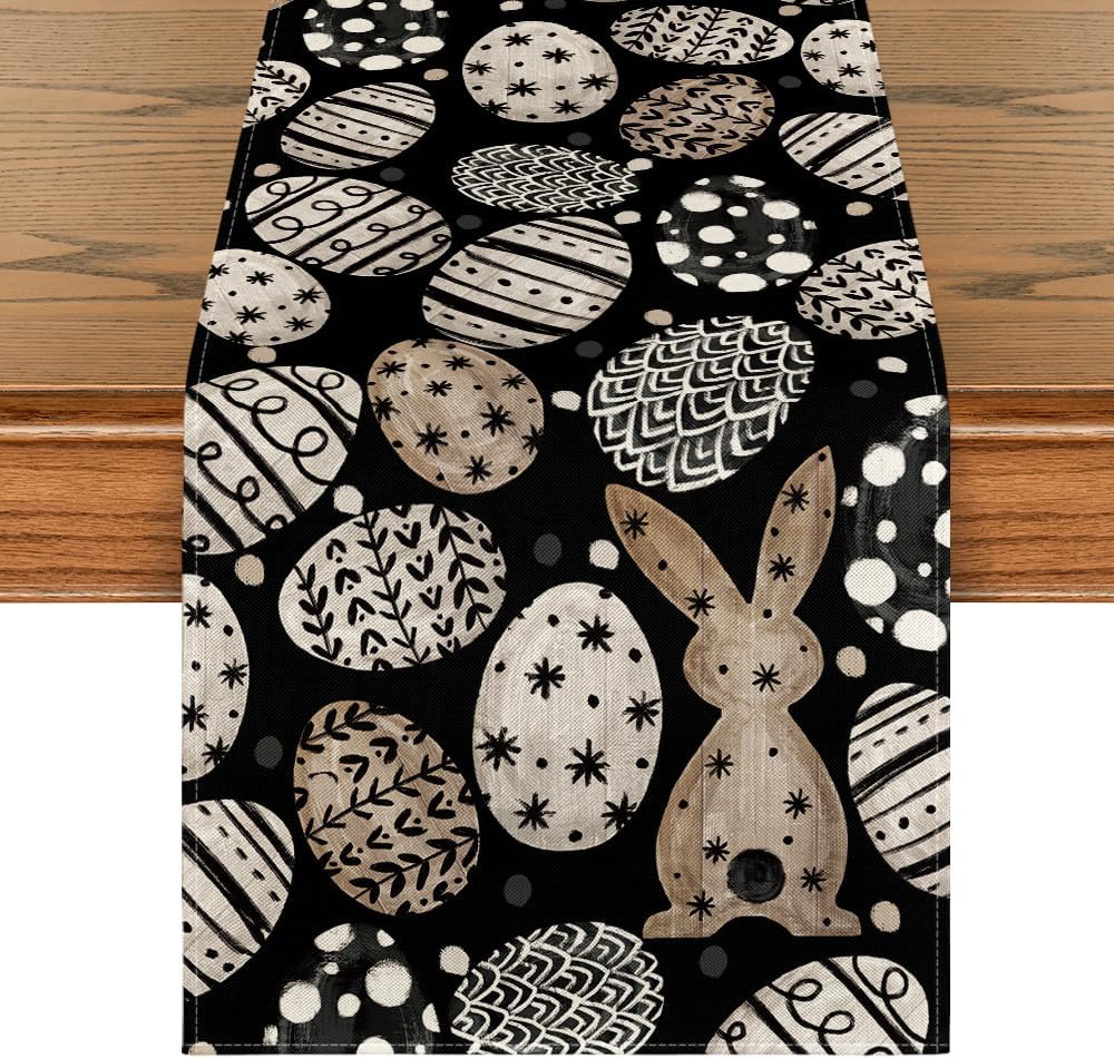 Artoid Mode Bunny Rabbit Eggs Flowers Easter Table Runner, Seasonal Spring Kitchen Dining Table Decoration for Home Party Decor 13x72 Inch