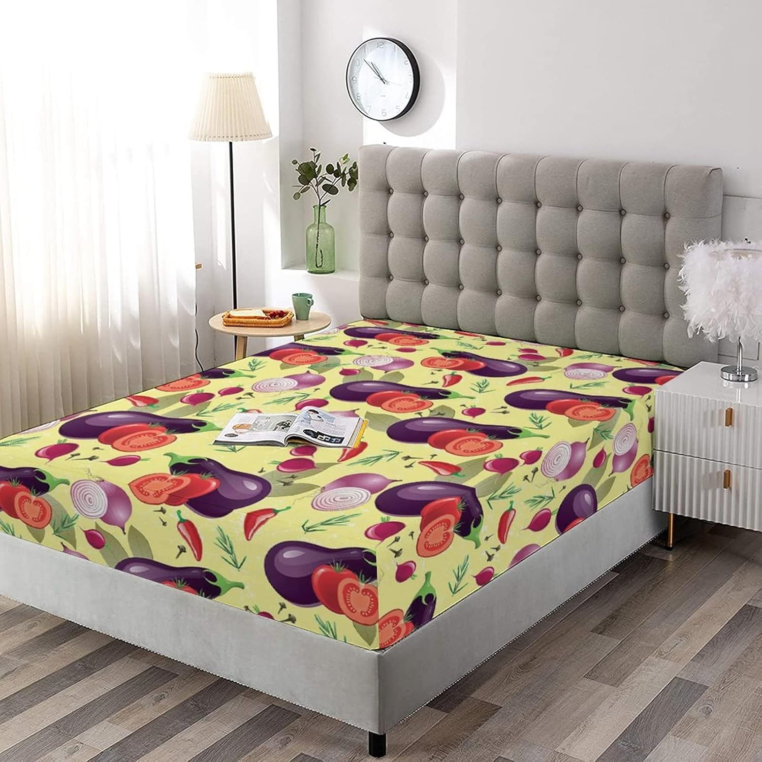 Decorative Bedding Sheet Set Twin XL Size, Eggplant Deep Pockets Fitted Sheet & 2 Pillow Sham Set, Tomato Relish Onion Going Green Tasty Preserve Print Microfiber 3pc Bed Sheets Set - Image 2