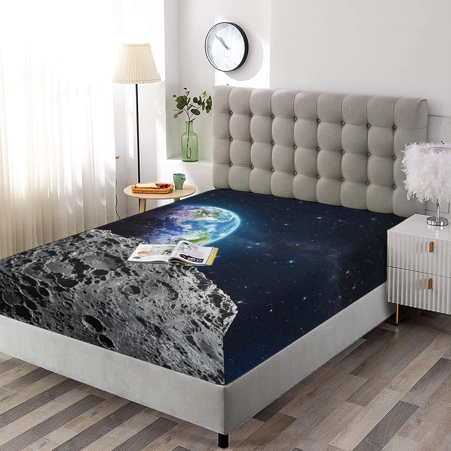Decorative Bedding Sheet Set Twin XL Size, Galaxy Deep Pockets Fitted Sheet & 2 Pillow Sham Set, View of Earth from Moon Surface Print Microfiber 3pc Bed Sheets Set, for Women & Men Bedding - Image 2