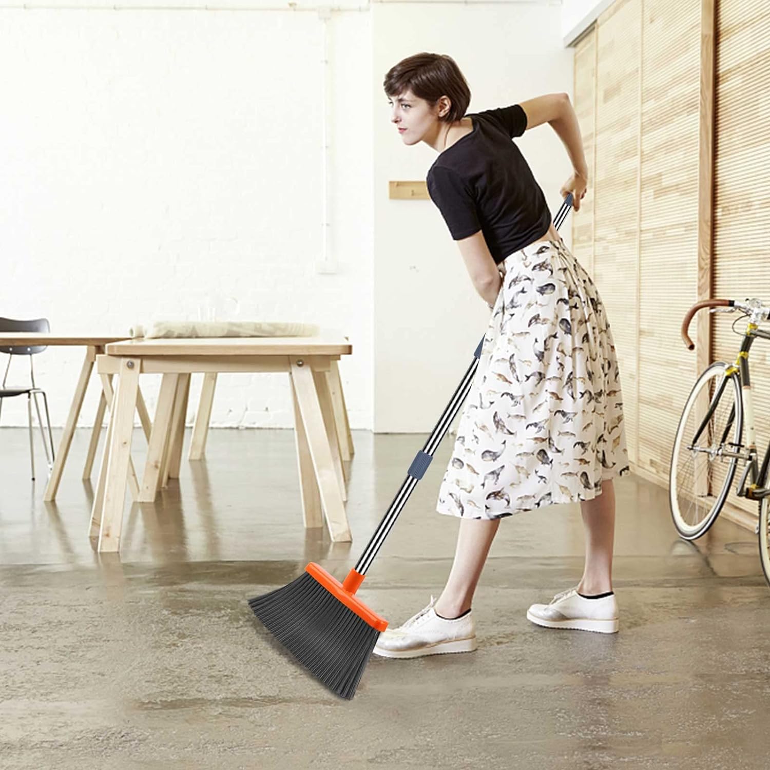 kelamayi Upgrade Broom and Dustpan Set, Self-Cleaning with Dustpan Teeth, Indoor&Outdoor Sweeping, Ideal for Dog Cat Pets Home Use, Stand Up Broom and Dustpan (Gray&Orange) ? ? ? ? ? - Image 5