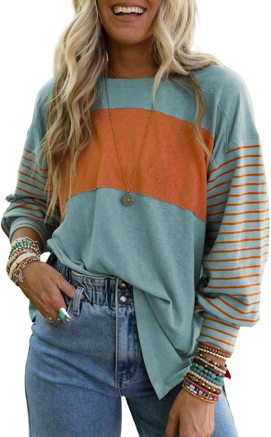 Dokotoo Long Sleeve Spring Tops Oversized 2025 Trendy Round Crew Neck Casual Color Block Womens Shirts Blouses ?