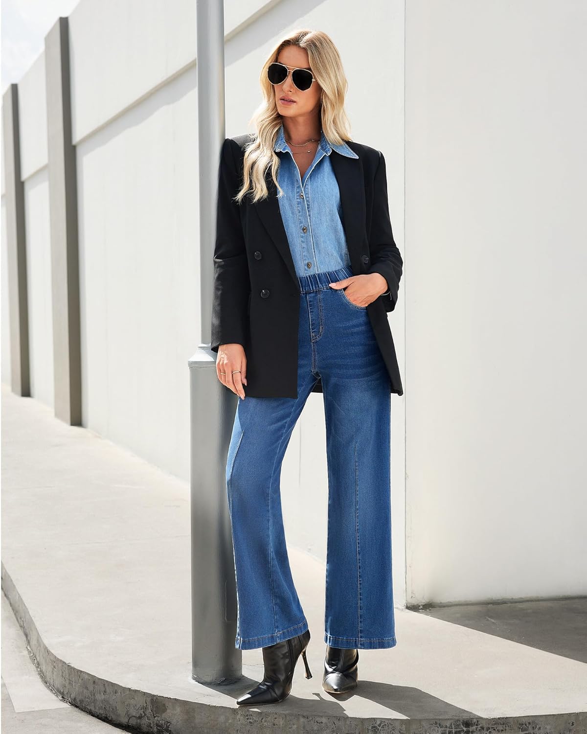 GRAPENT Pull On Womens Jeans Baggy Stretchy High Waisted Denim Wide Leg Trouser Pants Trendy Front Seam 90s Loose Jean ? - Image 4