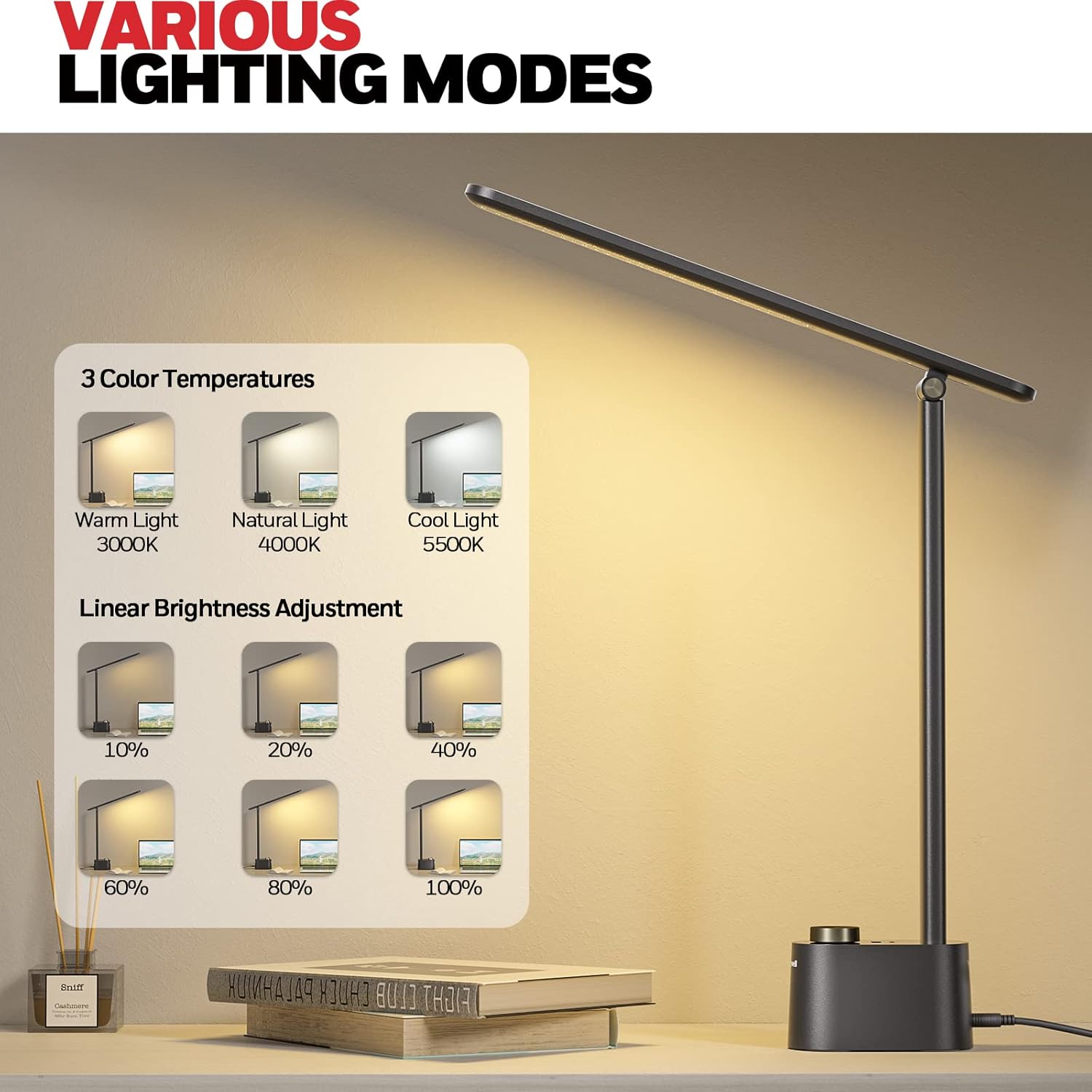 Honeywell Sunturalux? LED Desk Lamp with USB Charging Ports HWT-H01 - Stepless Dimmable Eye Caring Desk Light for Home Office Bedroom Bedside College Dorm, Foldable Table Lamp Reading Lamp Black ? ? ? ? ? - Image 3