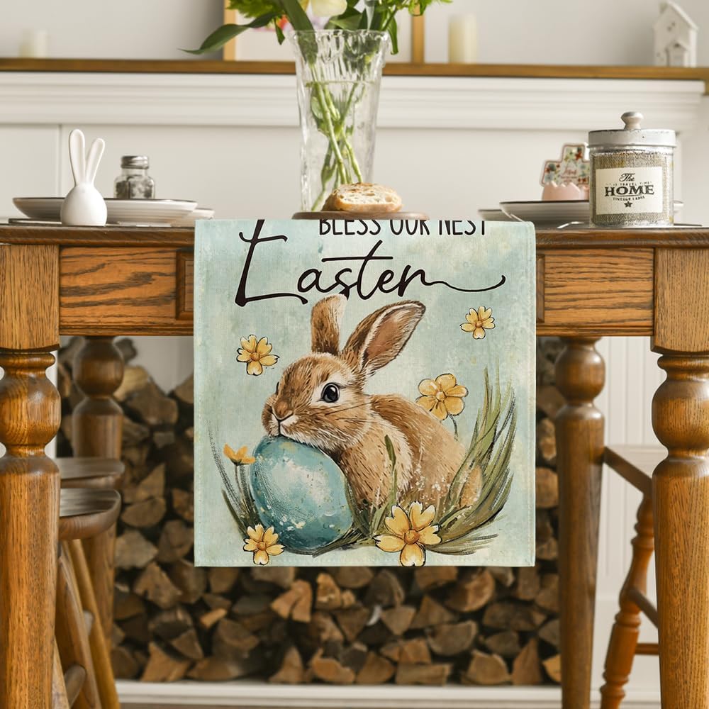 Artoid Mode Bunny Rabbit Egg Flowers Easter Table Runner, Seasonal Spring Kitchen Dining Table Decoration for Home Party Decor 13x72 Inch - Image 2