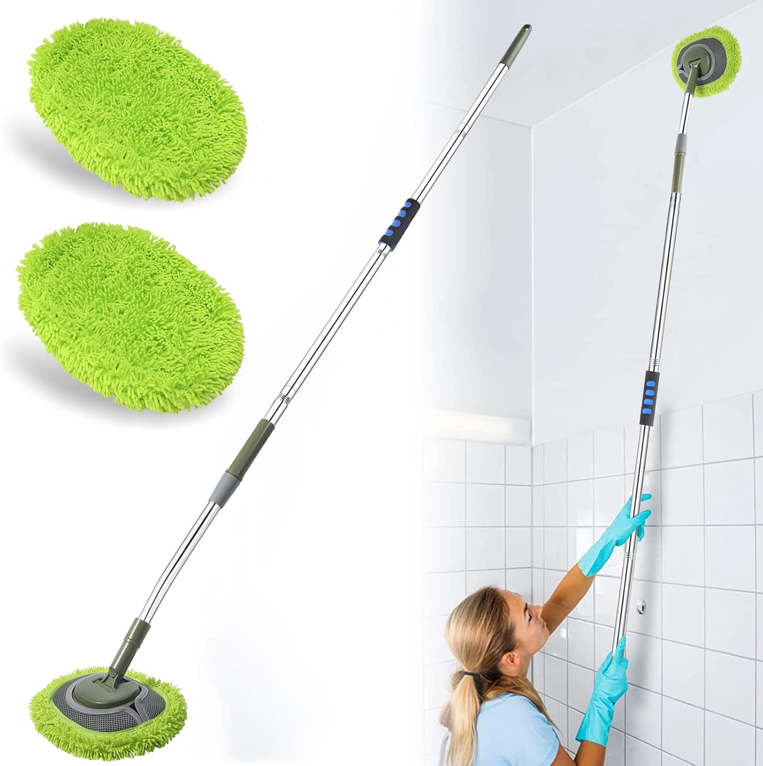 Wall Cleaner, Max 66'' Wall Mop with Long Handle, Ceiling Dust Mop with 15? Labor-Saving Elbow Extension Pole, Baseboard Duster Washer Scrubber, High Reach Window Cleaning Brush, Roof Cleaning Tool-GN ? ? ? ? ?
