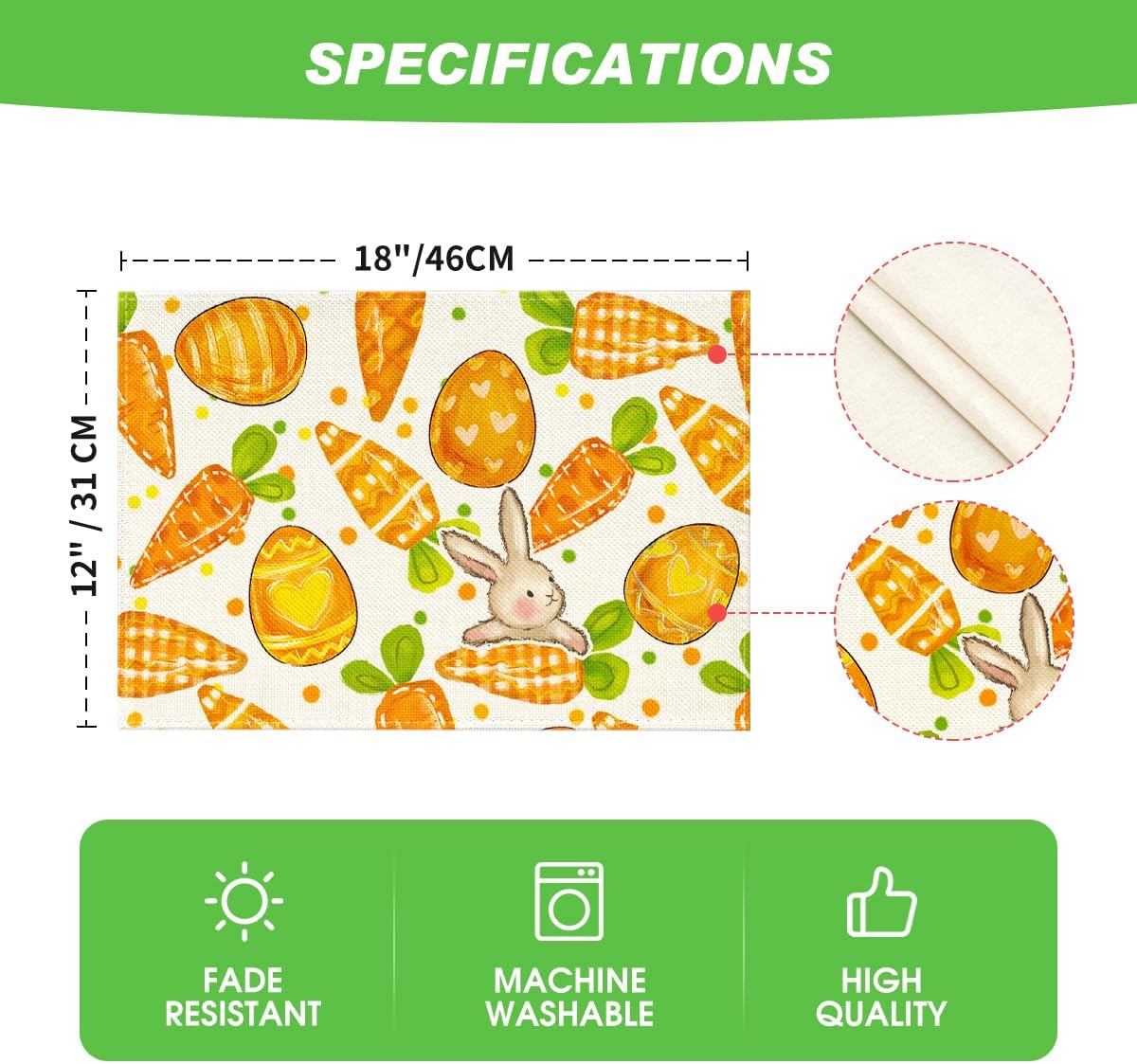 Artoid Mode Dots Bunny Carrots Eggs Easter Placemats Set of 4, 12x18 Inch Spring Table Mats for Outdoor Home Party Kitchen Dining Decor - Image 6