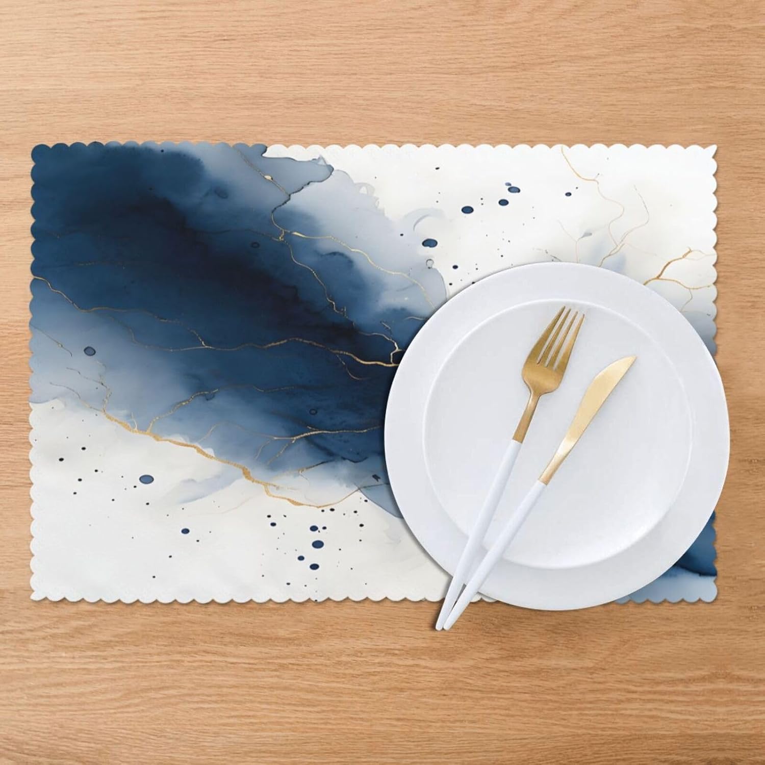 Watercolor and Navy Blue 12x18 Inch Placemats Set of 6, Non-Slip and Stain-Resistant Kitchen Table Mats, Easy to Clean, Heat Resistant Placemats - Image 6