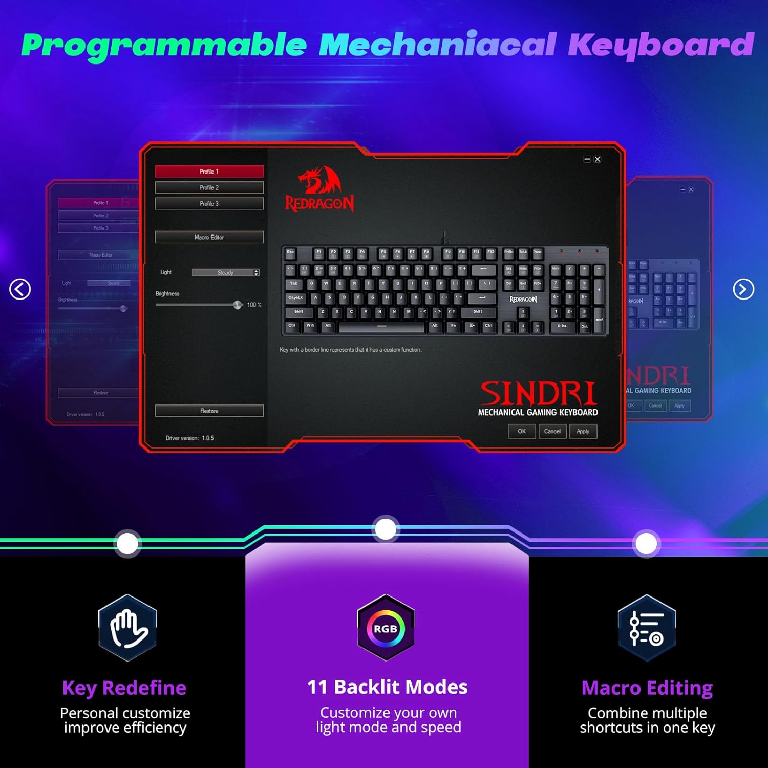 Redragon Mechanical Gaming Keyboard, Wired Mechanical Keyboard with 11 Programmable Backlit Modes, Hot-Swappable Red Switch, Anti-Ghosting, Double-Shot PBT Keycaps, Light Up Keyboard for PC Mac ? ? ? ? ? - Image 4